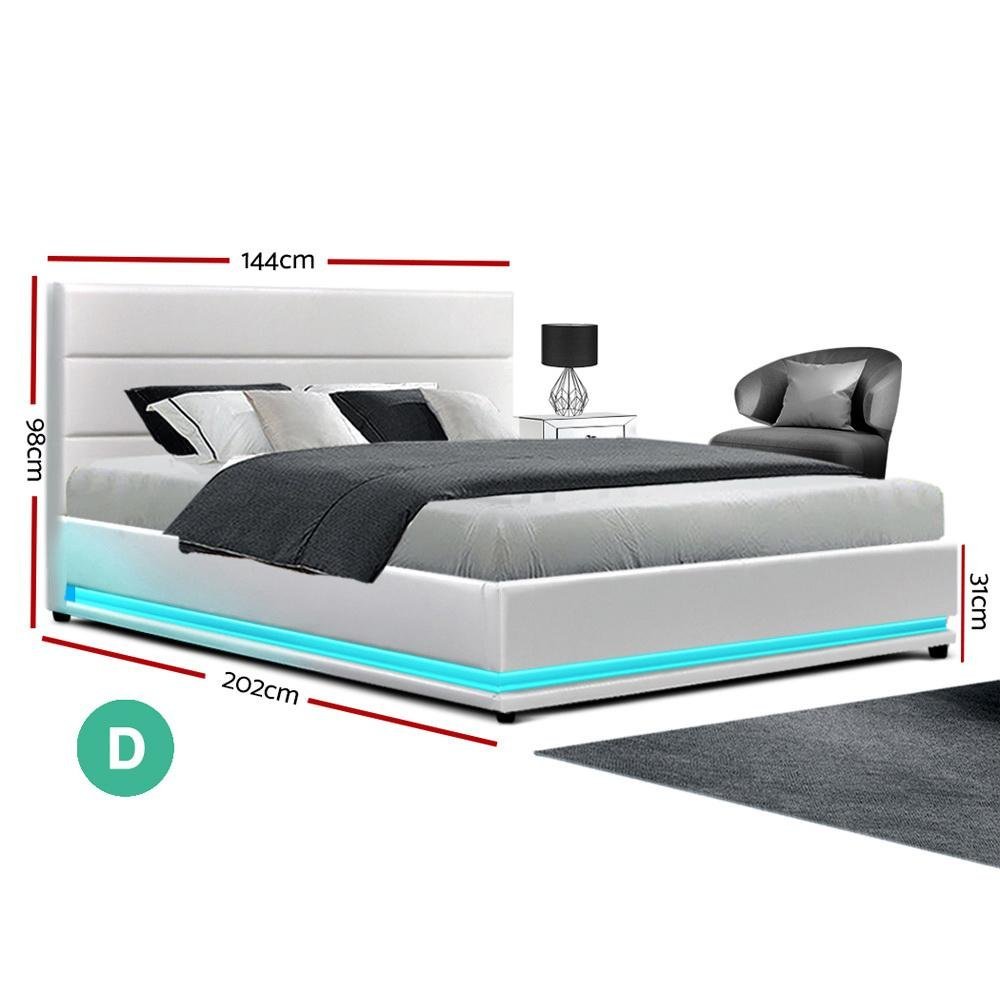 Premium Double Bed Set - Henley LED White Bed Frame with Algarve Euro Top Medium Firm Mattress & Pillowtop Topper | Perfect for Master Bedroom, Guest Room & Modern Home Decor