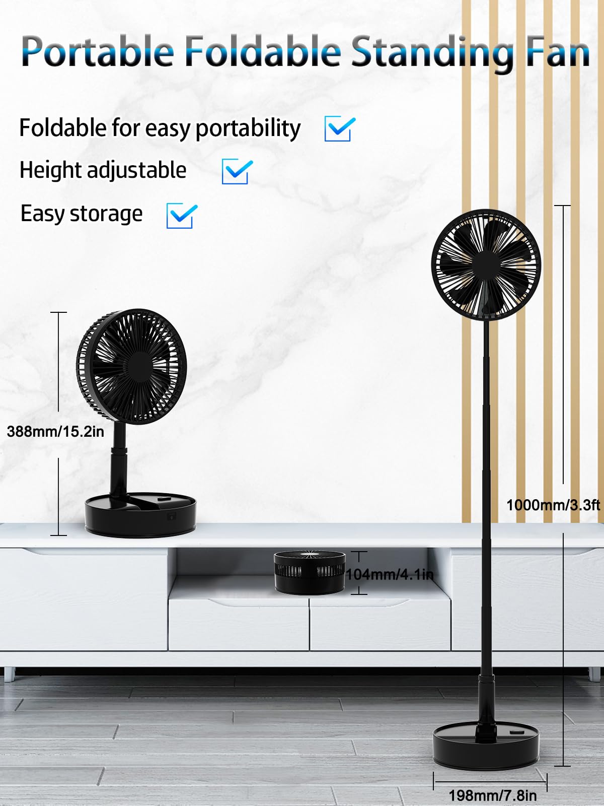 UN UNITEDTIME Foldable Fan with Remote Control - 7200mAh Rechargeable Battery, 4 Speed Settings & Timer - Portable Pedestal Fan for Camping, Travel, Outdoor, Home Use - Perfect for Bedroom, Office, and Patio (Black)