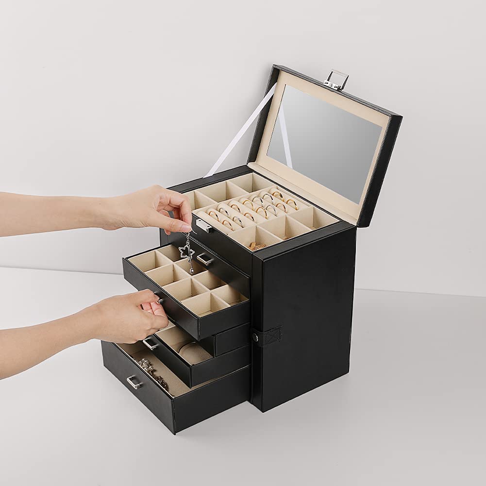 Frebeauty 6-Tier PU Leather Jewelry Organizer with Mirror & 5 Drawers - Perfect for Necklaces, Bracelets & Watches Storage