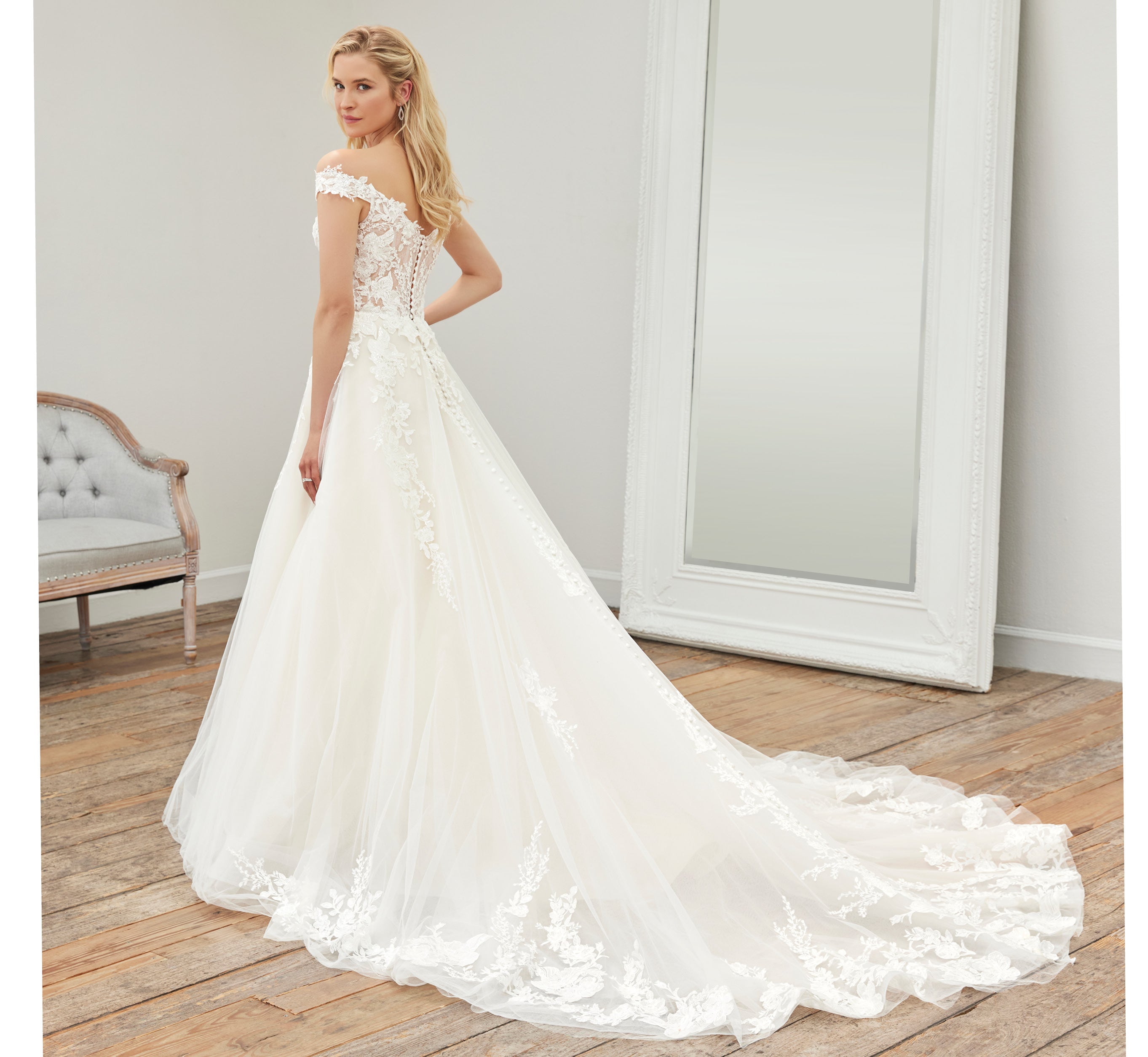 Elegant Ivory Lace Off-The-Shoulder Gown with Detachable Long Sleeves - Perfect for Weddings, Prom & Formal Events