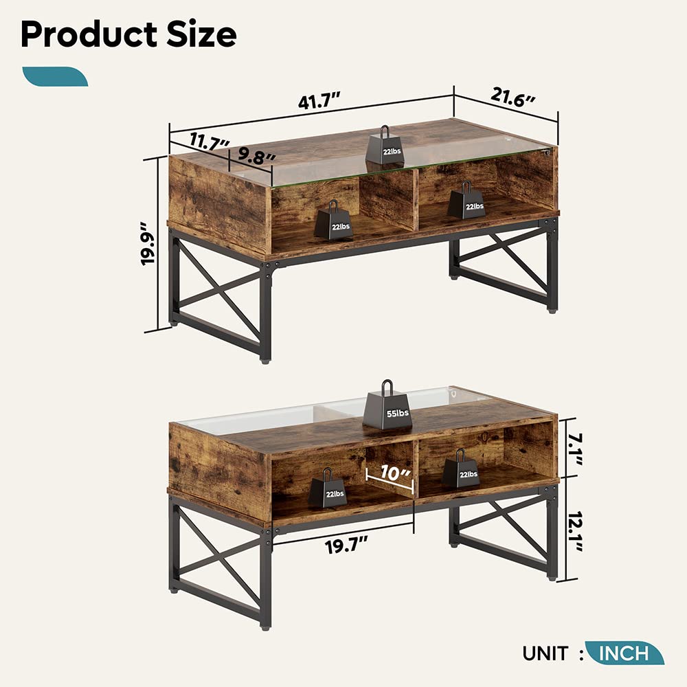 Bestier 42 Inch LED Coffee Table with Storage - Modern Farmhouse Style Wooden Center Table for Living Room, Home Office & Gaming | Rustic Brown Finish | Perfect for Entertaining, Remote Work & Game Nights