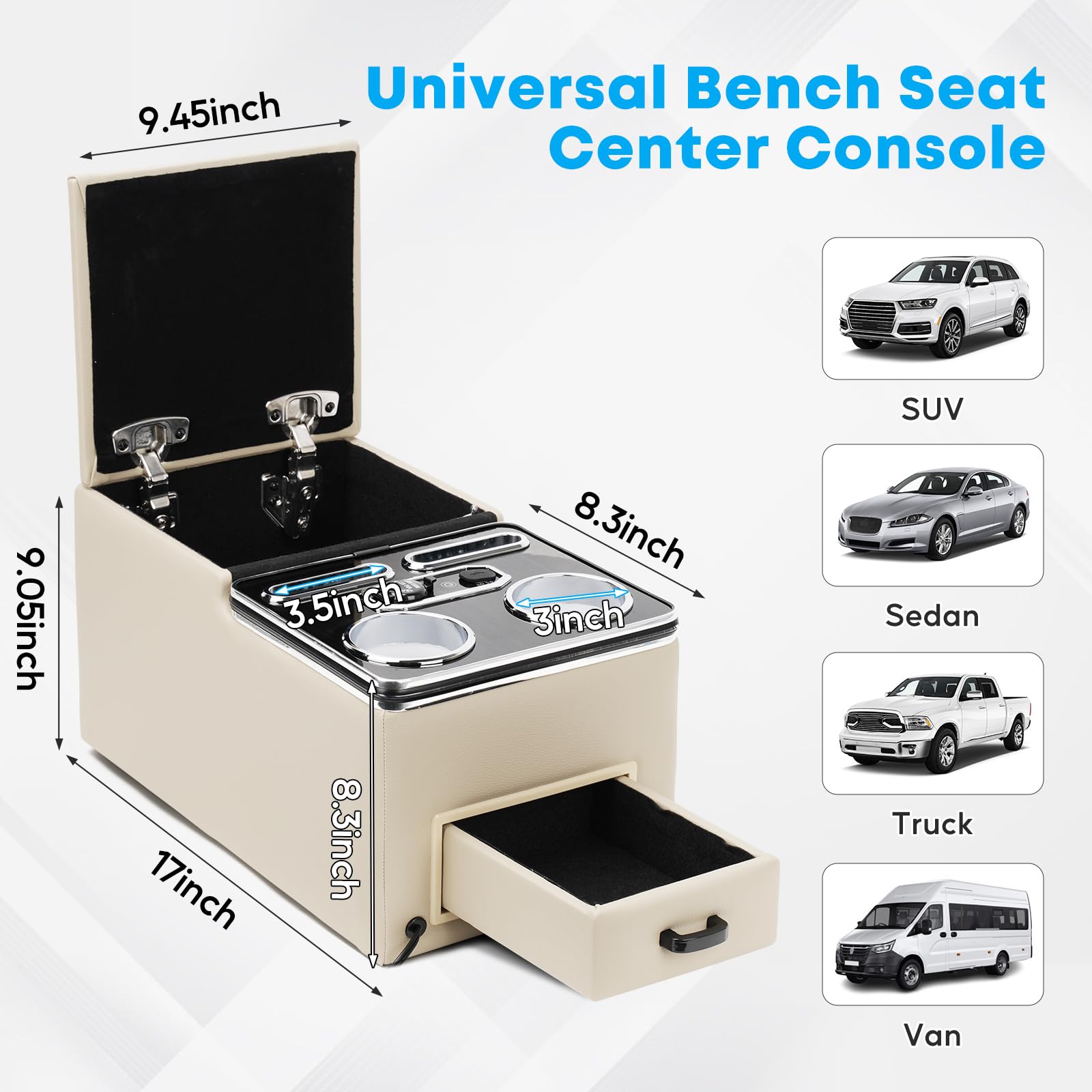 Universal Bench Seat Center Console Organizer with Fast Phone Charging & 7-Color Adjustable LED Lights - Car Storage Upgrade for Trucks, SUVs & Vans (Beige) - Perfect for Road Trips & Daily Commute