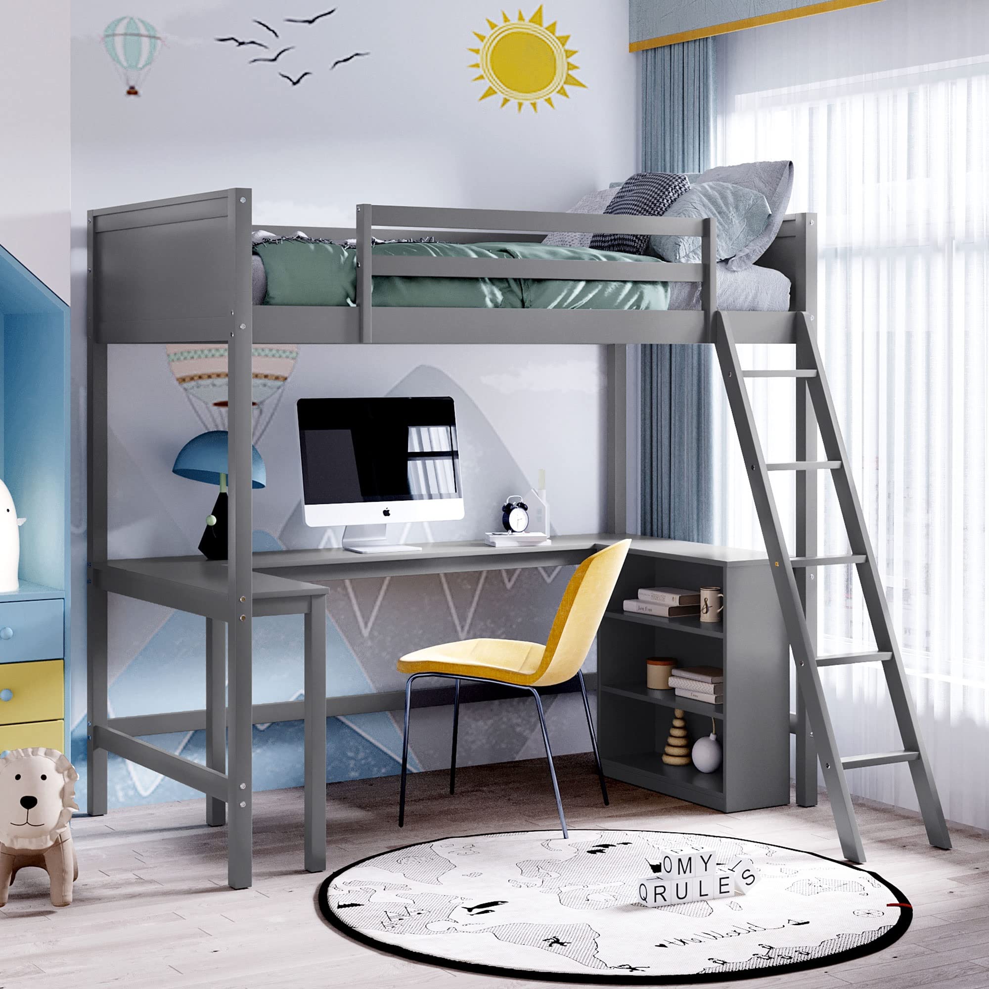 Twin Size Loft Bed with Desk & Storage - Sturdy Wooden High Loft Bed for Kids & Teens, Safety Guardrails & Angle Ladders, No Box Spring Needed (Gray) - Perfect for Small Bedrooms, Dorm Rooms & Space-Saving Kids' Rooms