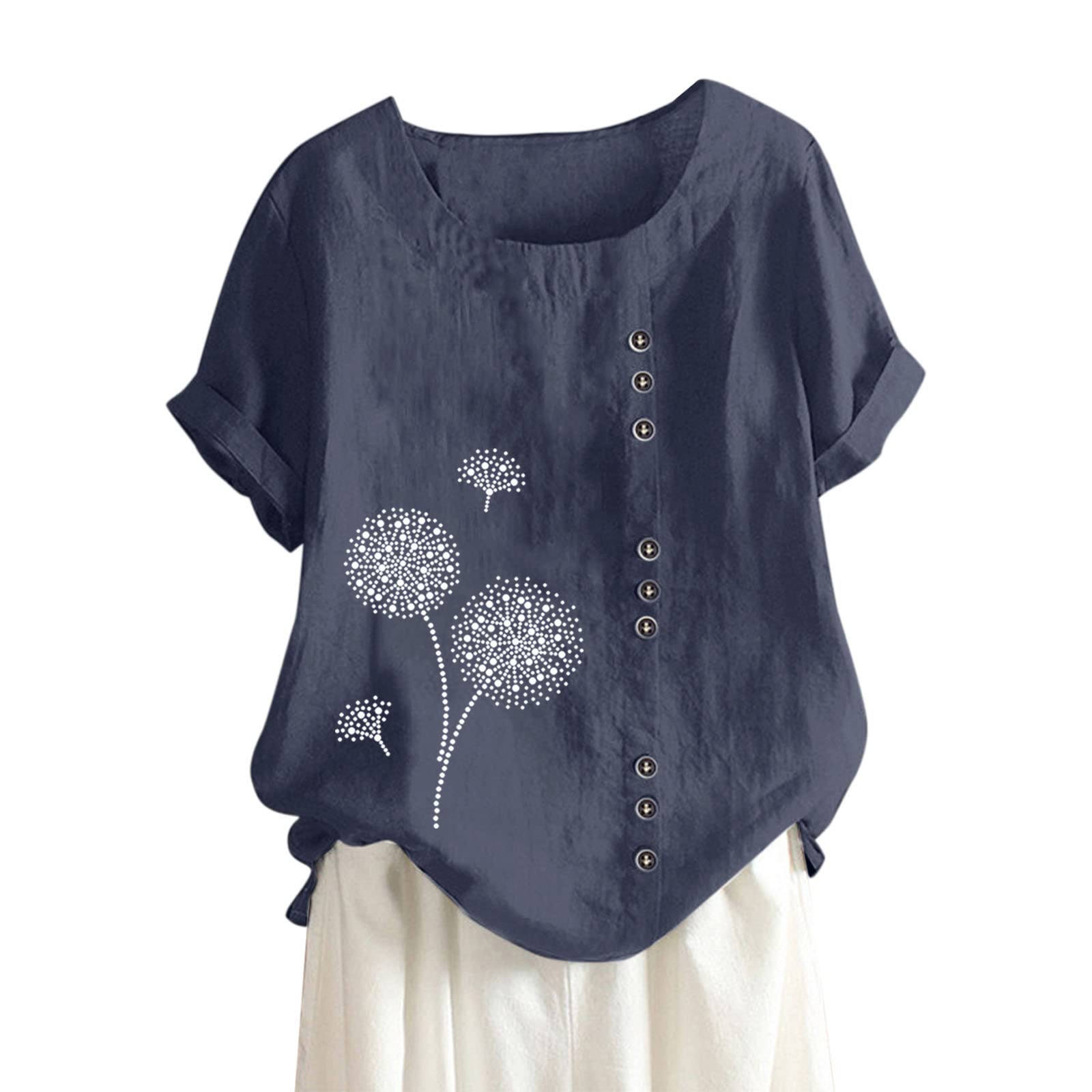 Women's Floral Printed Cotton Linen Short Sleeve Tunic Blouse - Summer Casual Loose Fit Crew Neck Top for Beach, Vacation & Everyday Wear