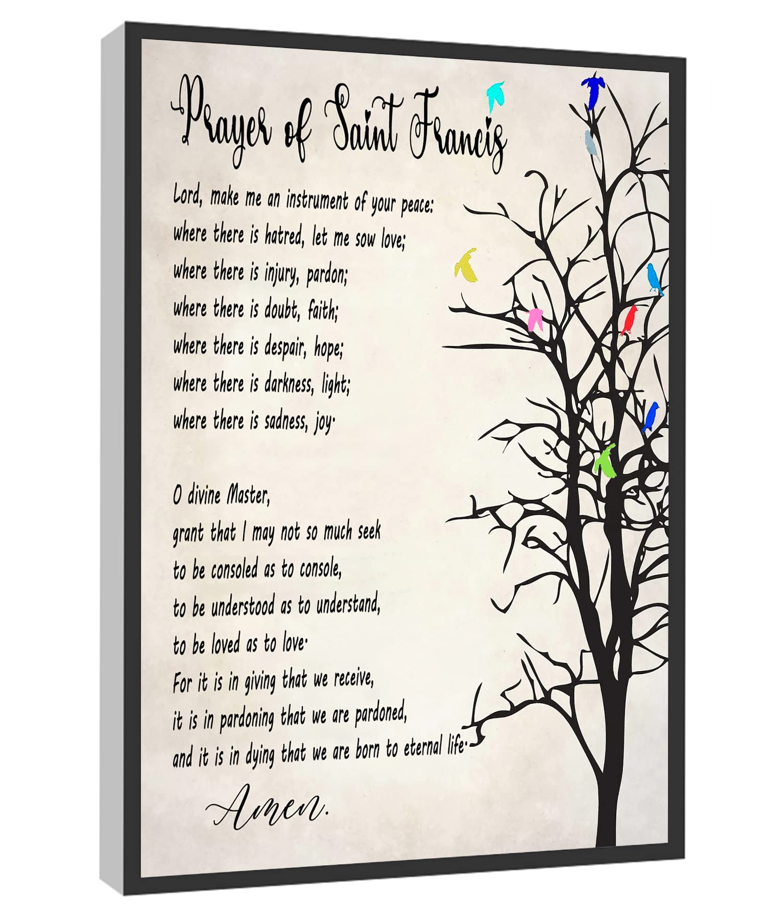 Prayer of Saint Francis Wall Art - Religious Catholic Canvas Print with Hummingbird Design - Framed Ready to Hang 24x36 Inches - Perfect for Home, Office & Church Decor