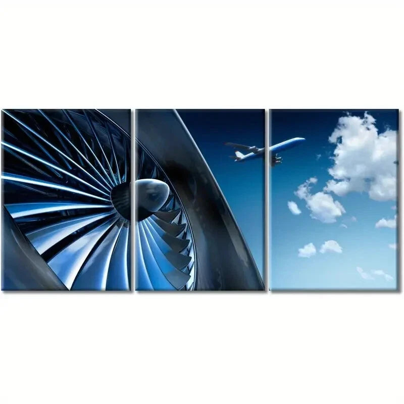 3-Piece Airplane Turbine & Sky Aviation Metal Wall Art - Ready to Hang, Modern Home & Office Decor for Aviation Enthusiasts & Pilots