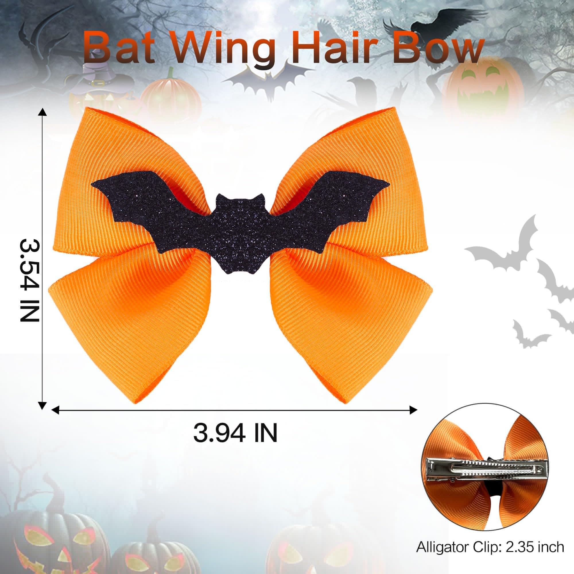 Glitter Bat Hair Clips for Girls - Halloween Bat Hair Bow Clips Handmade with Grosgrain Ribbon, Cute Hair Accessories for Kids Costume Party Trick or Treat - Perfect for Halloween Outfits, School Events & Cosplay (Orange)