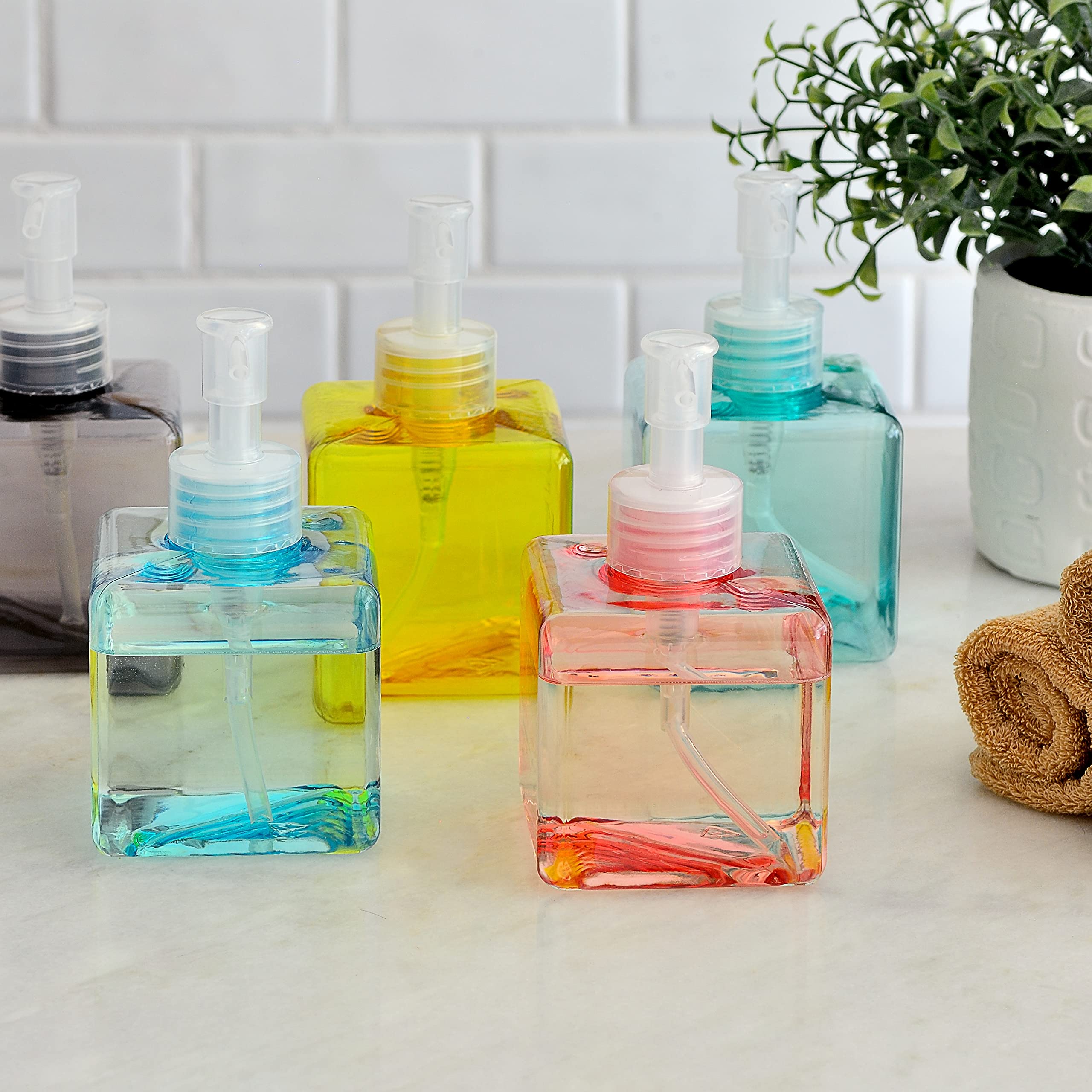 Youngever 5-Pack Colorful Square Plastic Pump Bottles - 8oz Refillable Dispenser Bottles for Lotions, Shampoos & Liquid Soaps | Perfect for Bathroom, Salon & Travel Organization