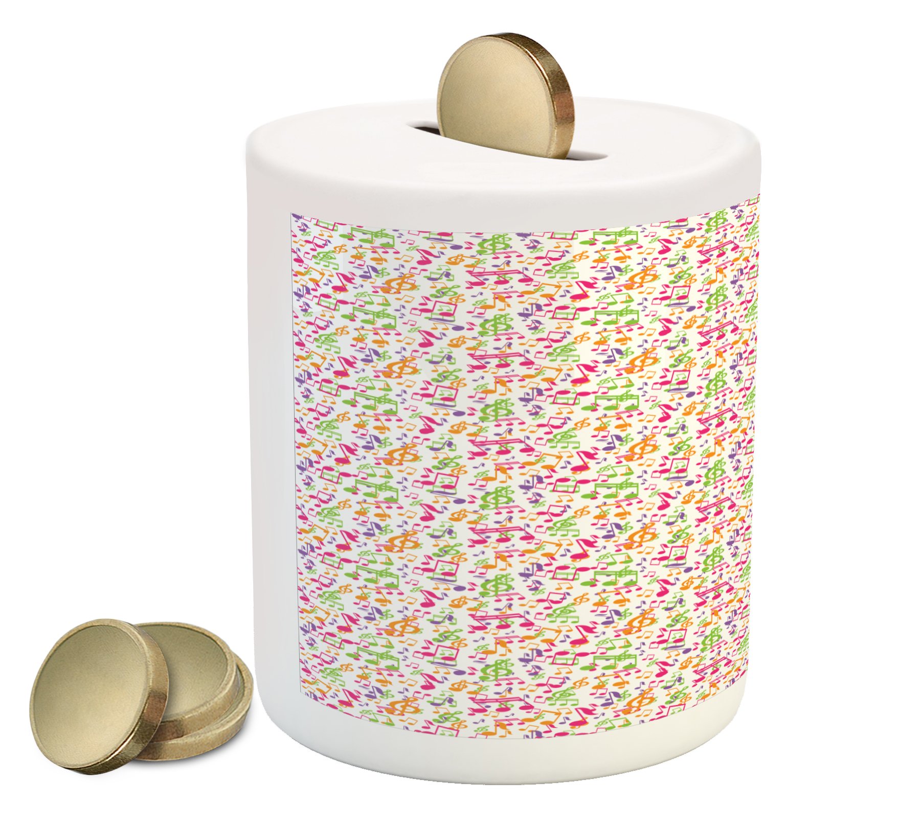 Ambesonne Ceramic Piggy Bank with Inspirational Music Notes Print - Colorful Coin Money Box for Cash Savings | Perfect Gift for Musicians, Kids & Music Lovers (Home Decor, Birthday Present, Piggy Bank for Savings)