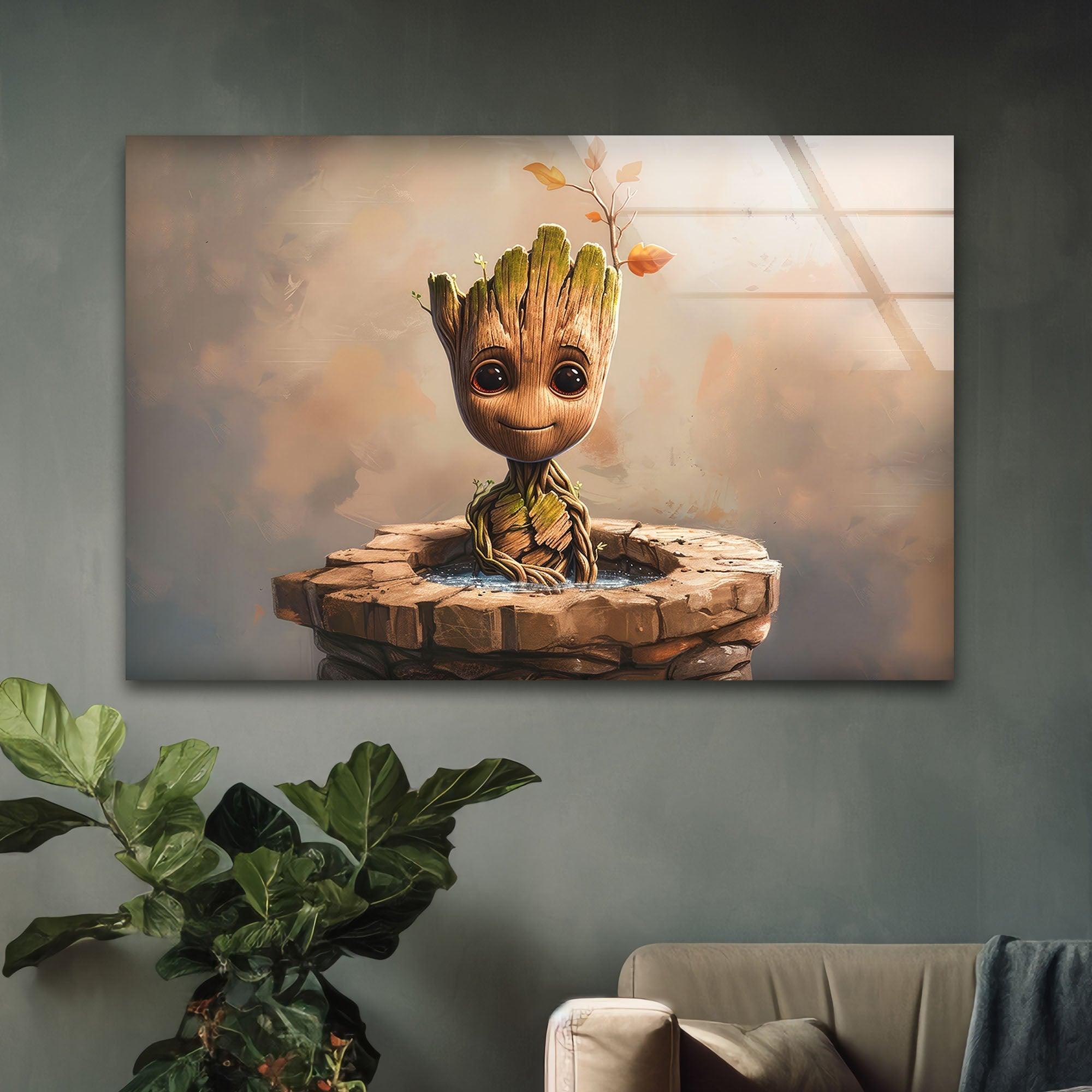 Baby Groot Avengers Glass Wall Art - Marvel Guardians of the Galaxy Home Decor for Living Room, Bedroom, Office - Perfect Gift for Fans & Collectors