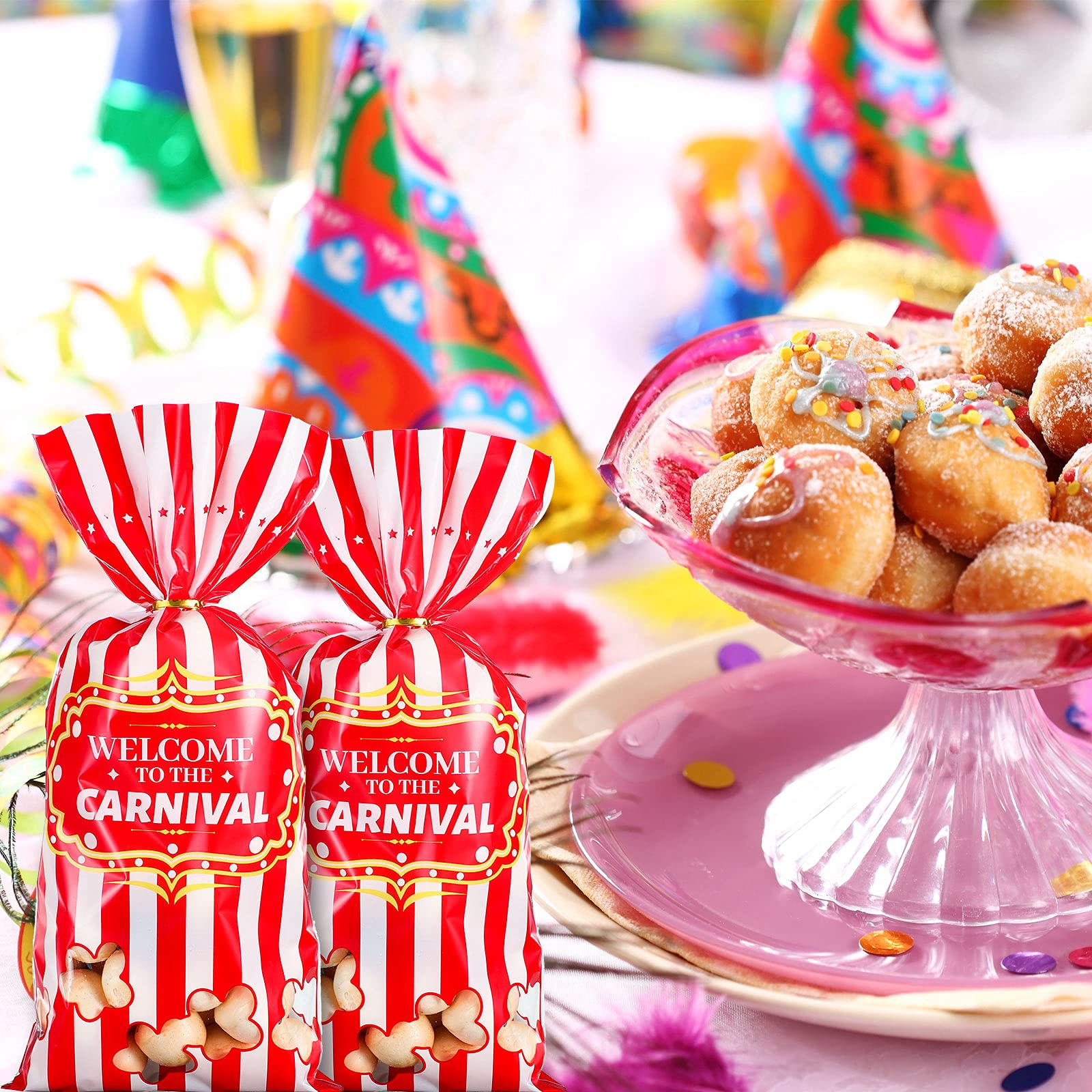 Epakh Carnival Candy Bags - 200 Pack Circus-Themed Plastic Party Favor Bags with Popcorn Pattern & Gold Twisted Ties for Halloween, Birthday Parties, Baby Showers & Wedding Favors - Perfect for Treats, Cookies & Cupcakes