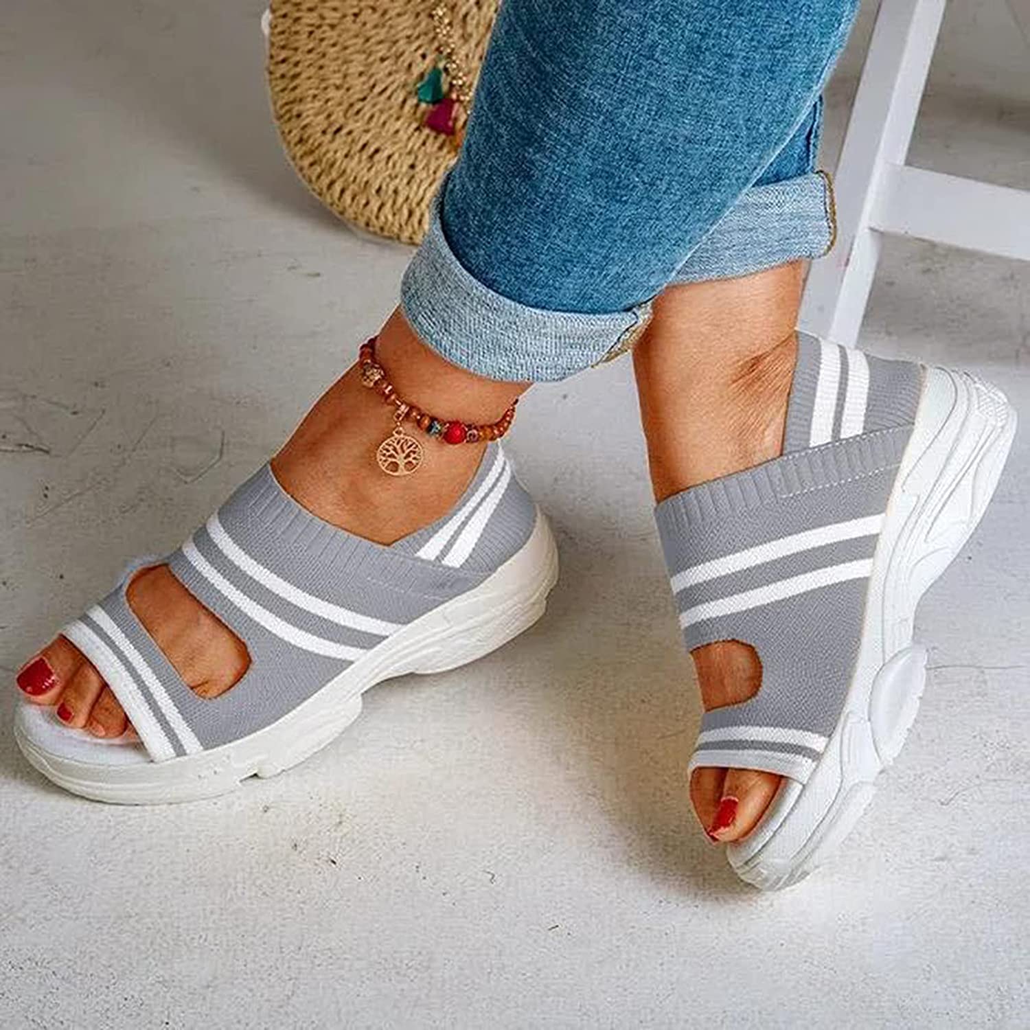 KDLK Women's Knitted Wedge Sports Sandals - Breathable Mesh Open Toe Platform Sandals with Non-Slip Sole & Arch Support | Comfortable Casual Walking Shoes for Summer Beach, Travel & Outdoor Activities (Gray, Size 43 EU)