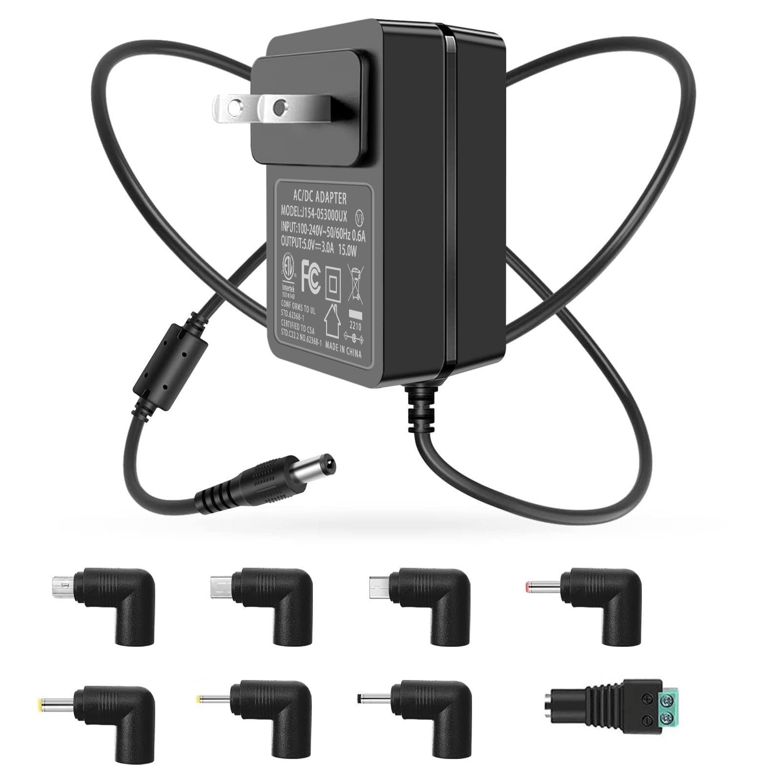 5V 3A Power Adapter - Universal AC 100-240V to DC 5 Volt 3A Power Supply with 8 Tips - Compatible with LED Strips, String Lights, CCTV Cameras, Security Systems - Perfect for Home, Office & Outdoor Lighting Solutions
