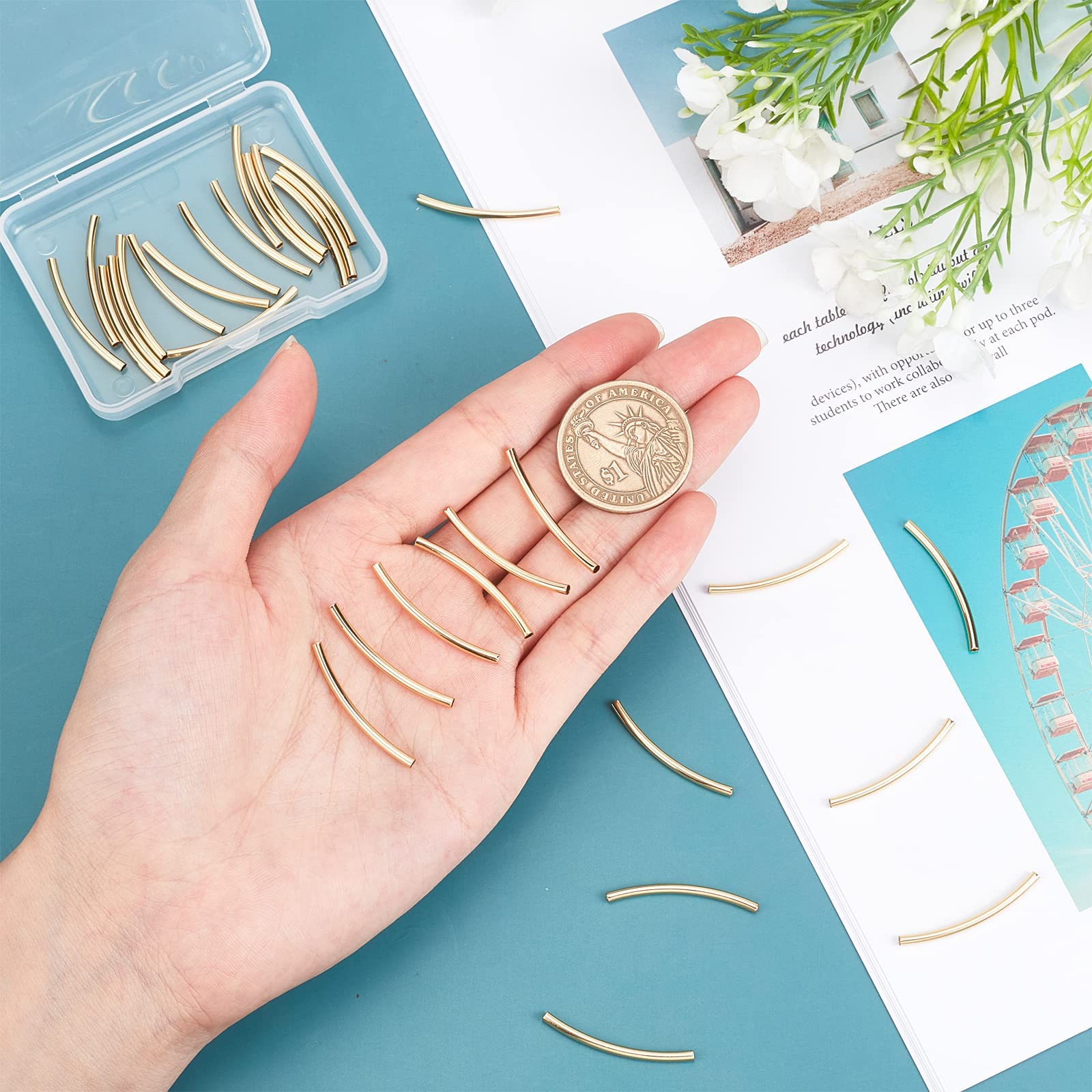 30pcs 14K Gold Plated Noodle Beads - 30mm Brass Tube Spacer Beads for DIY Jewelry Making, Memory Wire Necklaces & Bracelets - Perfect for Boho, Wedding & Handmade Jewelry Designs