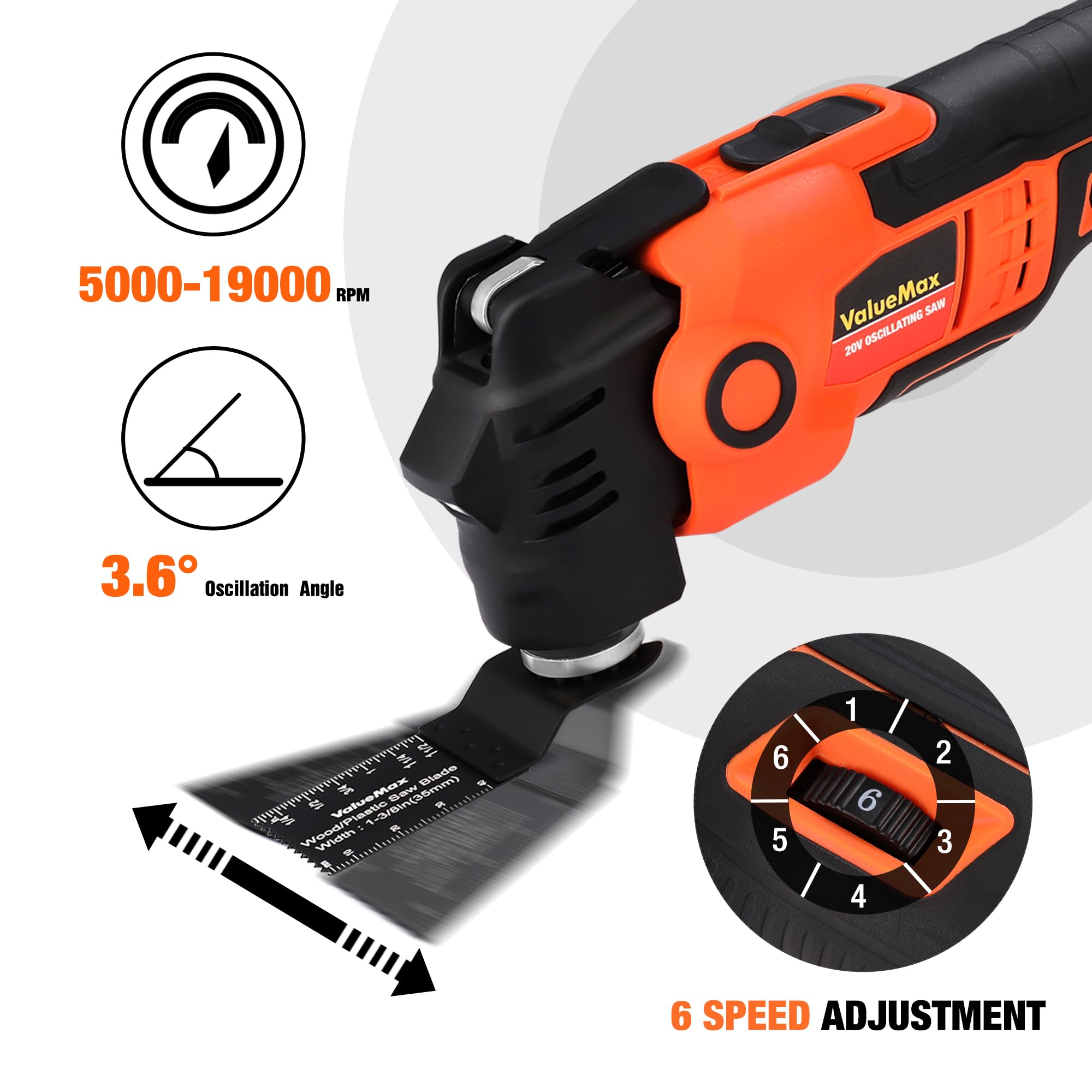 ValueMax 20V Cordless Oscillating Multi Tool Kit with 3.6° Oscillation Angle & 6 Speed Settings - Includes Quick-Change System, 16PCS Saw Blades & Carrying Case - Perfect for DIY Projects, Woodworking, Metal Cutting & Home Renovations