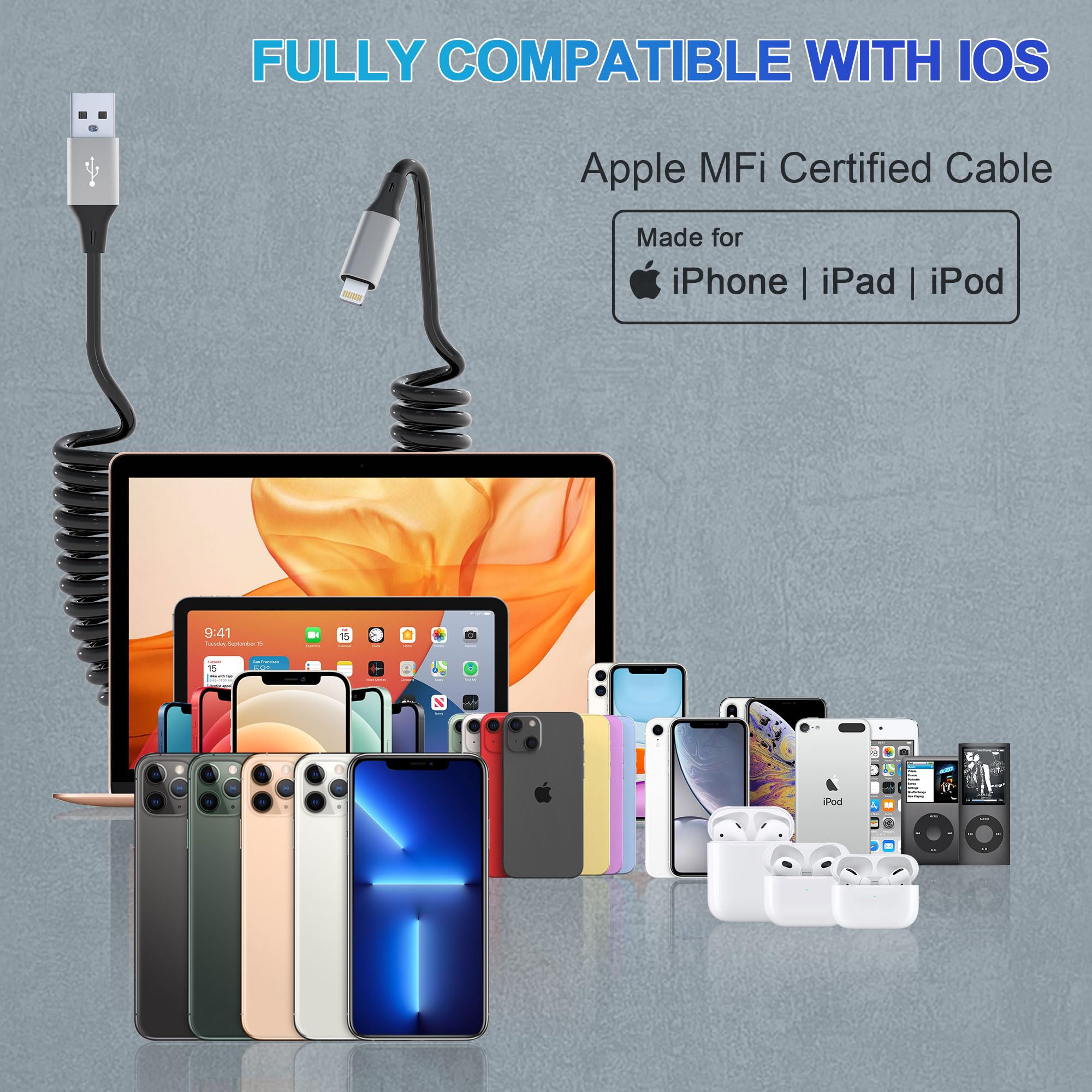 2 Pack MFi Certified Coiled Lightning Cable for iPhone - Apple CarPlay Compatible, Short USB to Lightning Charging & Data Sync Cord - Perfect for Car, Office, and Travel Charging