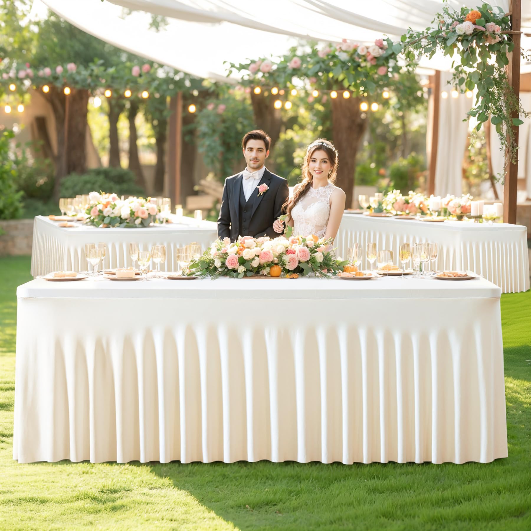 Besutolife 6ft Ivory Spandex Tablecloth - Stretchable Rectangle Table Cover with Skirt for Banquets, Weddings & Dining Tables - Perfect for Fall Decor & Special Events