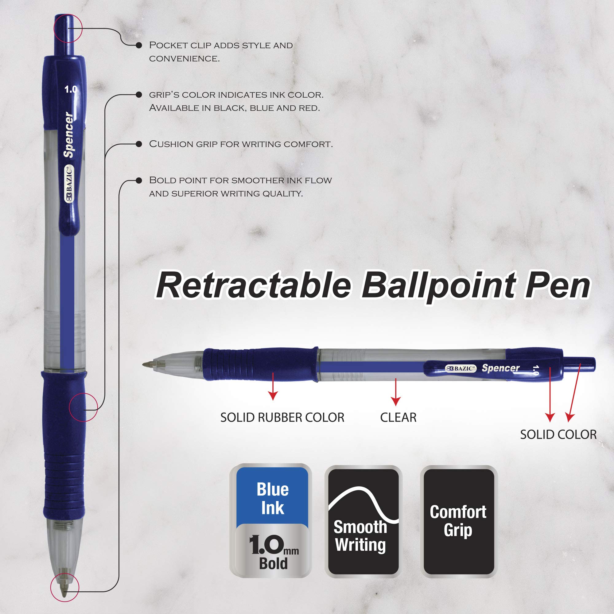 BAZIC Retractable Ballpoint Pens - 1.0mm Bold Point, Soft Barrel Grip, Smooth Writing - Spencer Blue (5 Pens/Pack, 144 Packs Total) - Ideal for Teachers, Office Work, School Supplies & Everyday Use