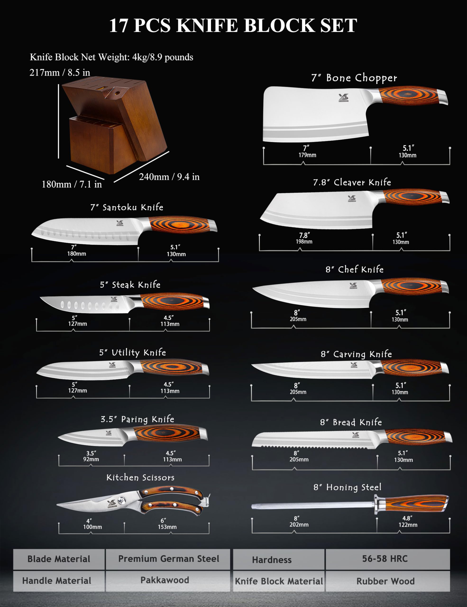 MSY BIGSUNNY 17-Piece German Steel Knife Set with Wooden Block - Professional Kitchen Cutlery Set for Chefs & Home Cooking - Perfect Gift for Weddings & Housewarming