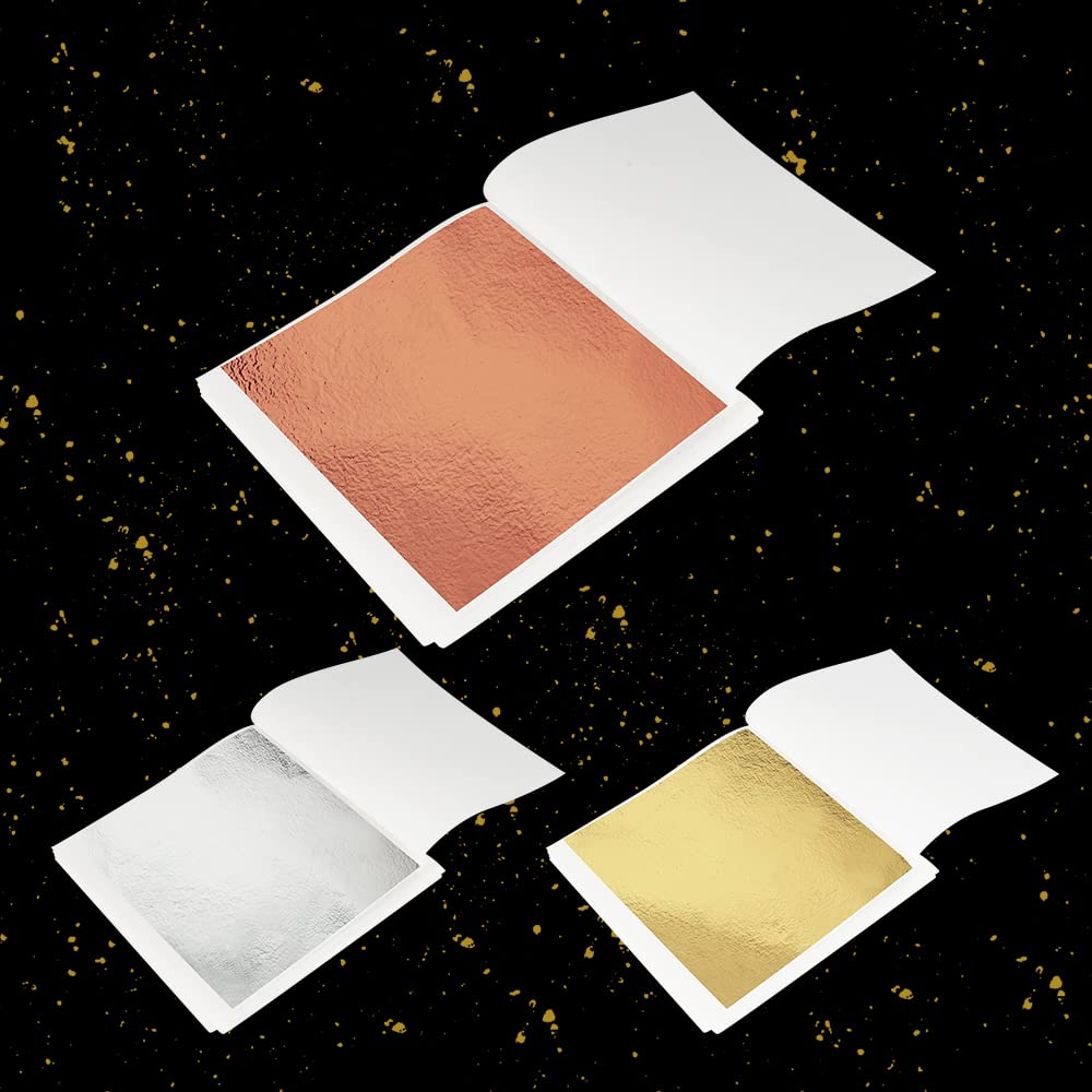 120 Sheets Imitation Gold Leaf Paper, 8 x 8.5 cm - Gold, Silver & Rose Gold Leaf for Painting, Nail Art, Makeup, DIY Crafts, Gilding & Furniture Decoration - Perfect for Home Decor, Wedding Invitations & Gift Wrapping
