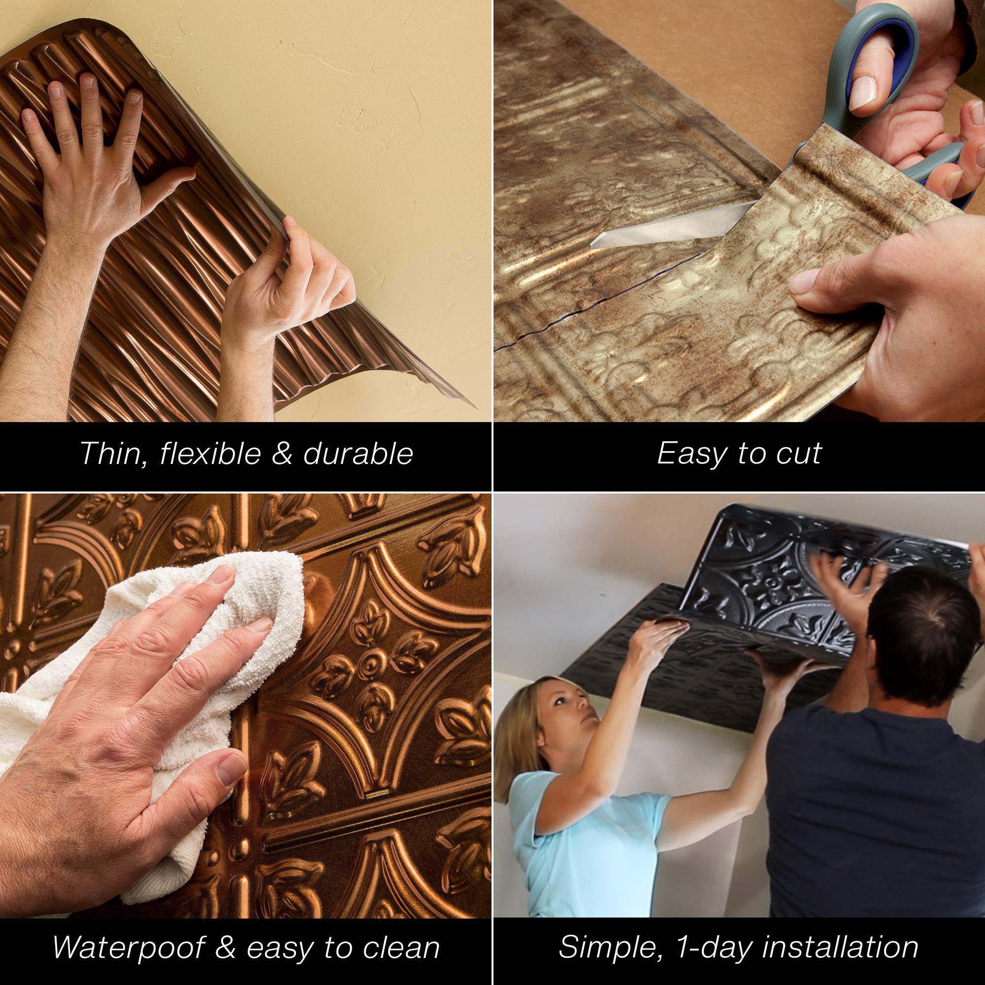 FASÄDE Traditional Style 4-Pack Decorative Vinyl Ceiling Panels 2ft x 4ft Oil-Rubbed Bronze - Easy Glue-Up Installation for Home, Office & Restaurant Interior Design