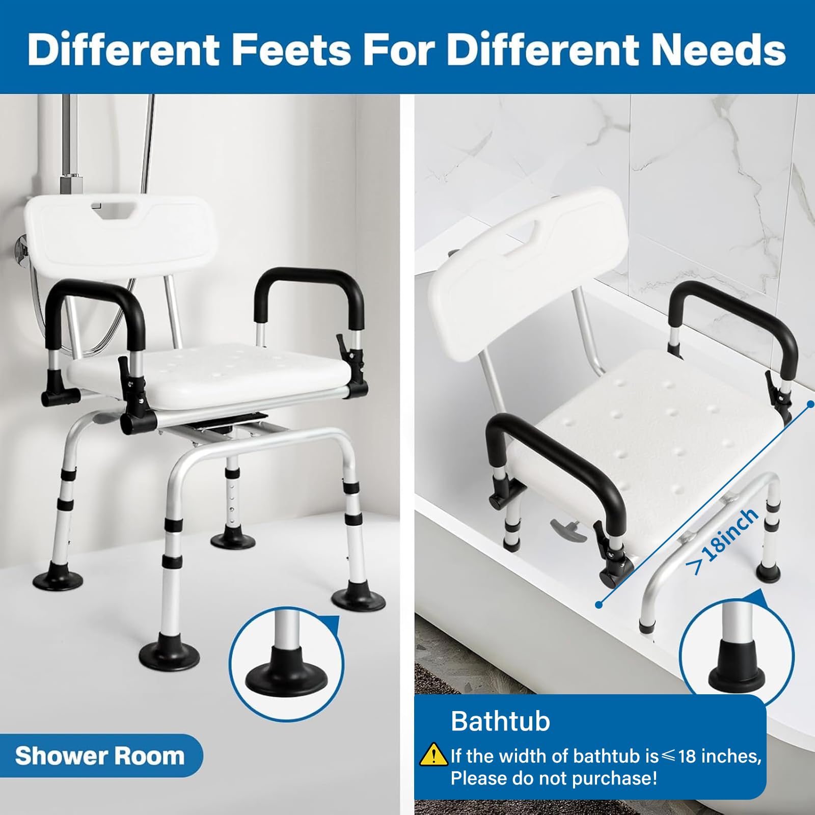 Eosprim 360° Swivel Shower Chair for Elderly & Disabled - Heavy Duty Bathtub Transfer Bench with Arms & Back Support - Non-Slip Bath Seat for Seniors & Handicap - Perfect for Safe Showering & Bathing (Black, Large)