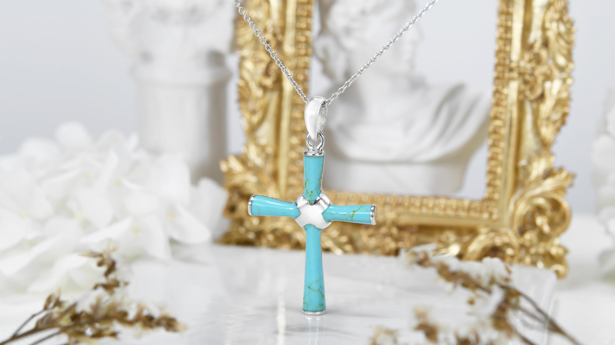 Green Cross Necklace for Women - .925 Sterling Silver with Turquoise & Pearl | 18