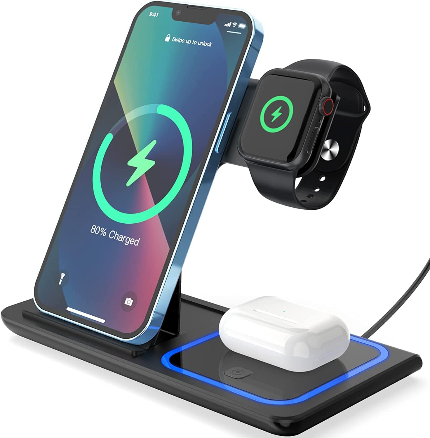 3-in-1 Fast Wireless Charging Station for iPhone 13/12/11/Pro/XS/XR/X/8 Plus/8, Apple Watch Series & AirPods 2/Pro | Portable Foldable Charger Dock | Perfect for Home, Office & Travel