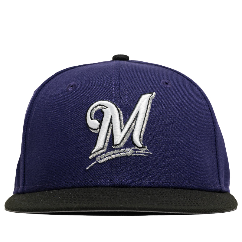 New Era x Politics Milwaukee Brewers 59FIFTY Fitted Hat - Purple & Black Snapback Baseball Cap for Men & Women - Perfect for Baseball Games, Streetwear Fashion & Sports Fans