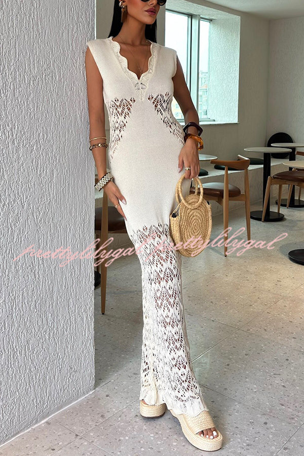 Elegant Solid Color Hollow Knit V-Neck Slim Fishtail Maxi Dress for Women - Perfect for Beach Vacation, Summer Party & Evening Occasions