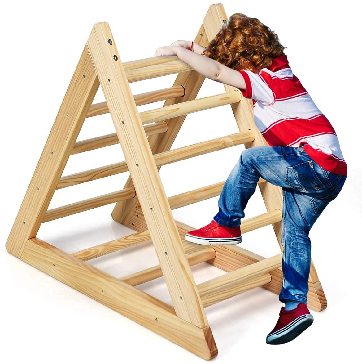 Costzon Wooden Triangle Climber for Kids - Sturdy Toddler Climbing Ladder & Play Gym Set - Natural Wood Indoor/Outdoor Play Equipment for Backyard, Playroom & Preschool Activities