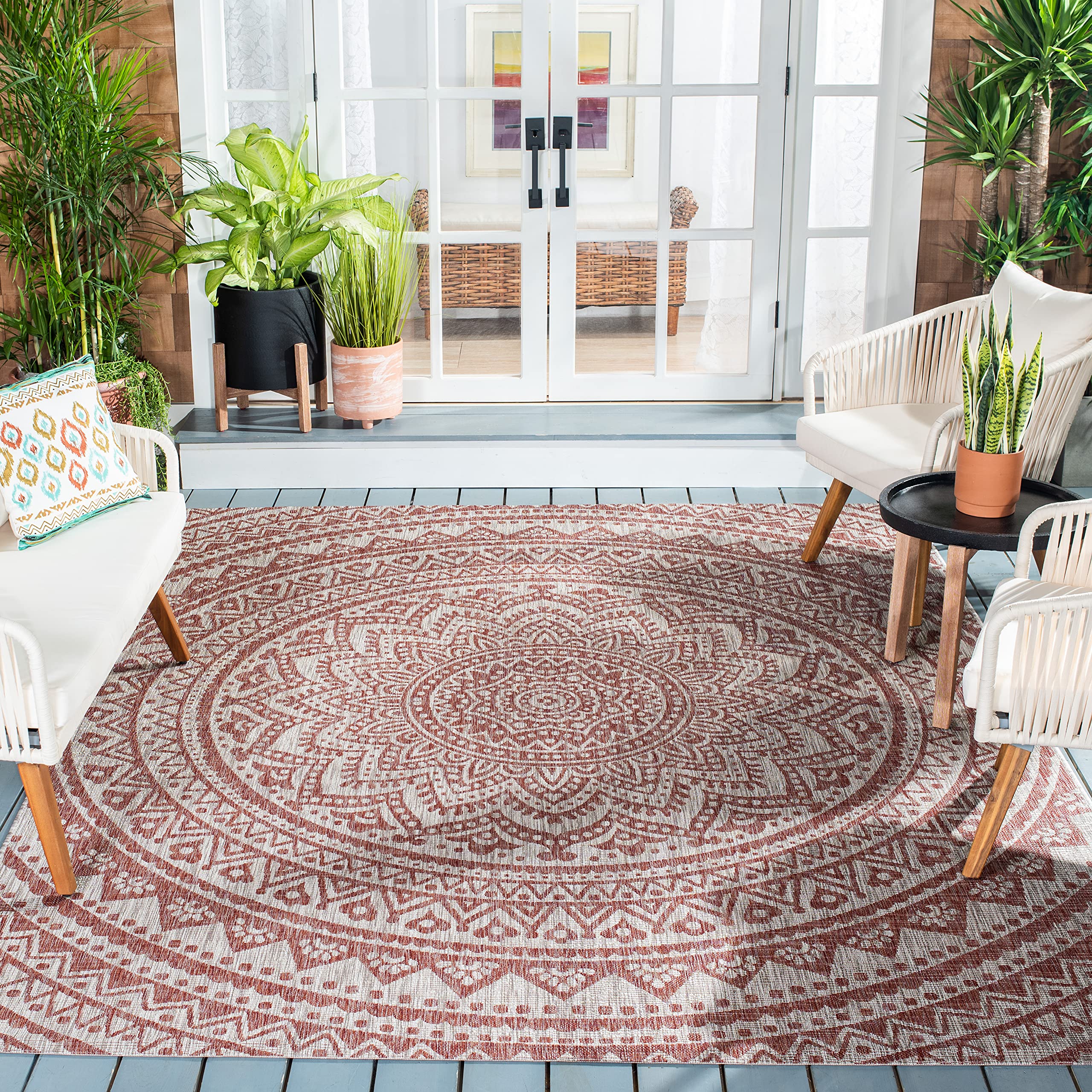 SAFAVIEH Courtyard Collection 9' Square Indoor/Outdoor Rug - Light Beige & Terracotta (CY8734) | Waterproof, Easy to Clean | Perfect for Patio, Backyard, Mudroom & High-Traffic Areas