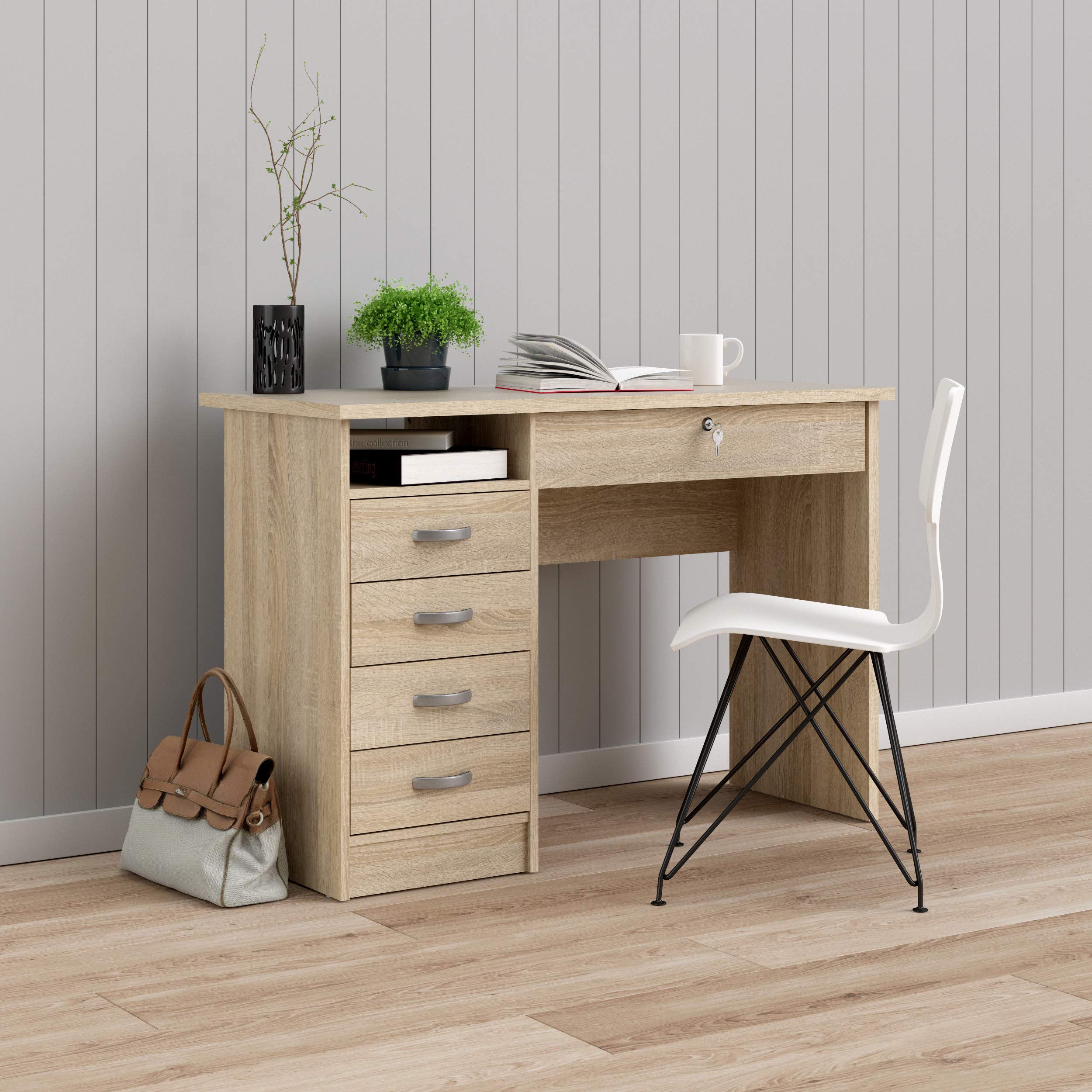 Tvilum Walden 5-Drawer Oak Wood Desk for Home Office - Sturdy & Spacious Writing Desk with Storage for Study, Work, or Dorm Room