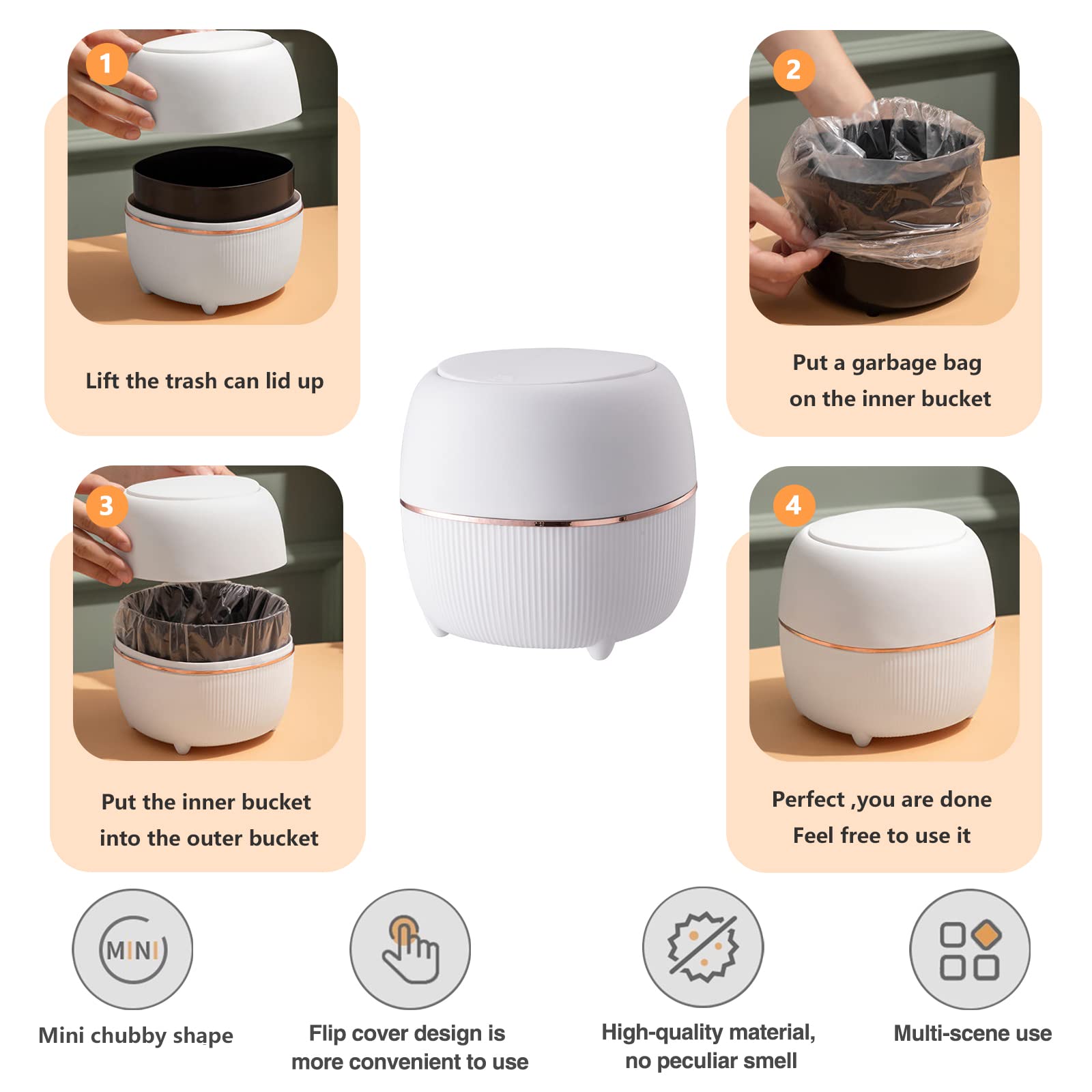 Modern Mini Trash Can with Lid - Small Press-Type Waste Basket for Office Desk, Kitchen Counter, Coffee Table & Bathroom - White Plastic Garbage Bin for Home & Office Organization