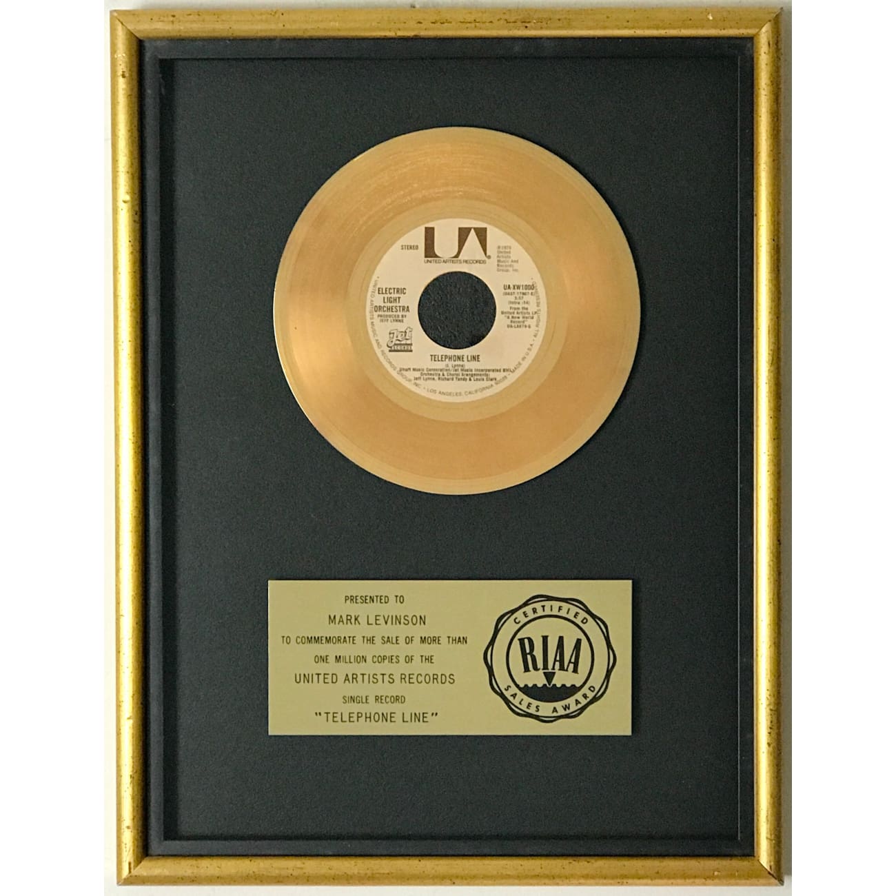 ELO Telephone Line RIAA Gold 45 Single Award - Vintage Vinyl Record Collector's Item for Music Enthusiasts & Home Decor
