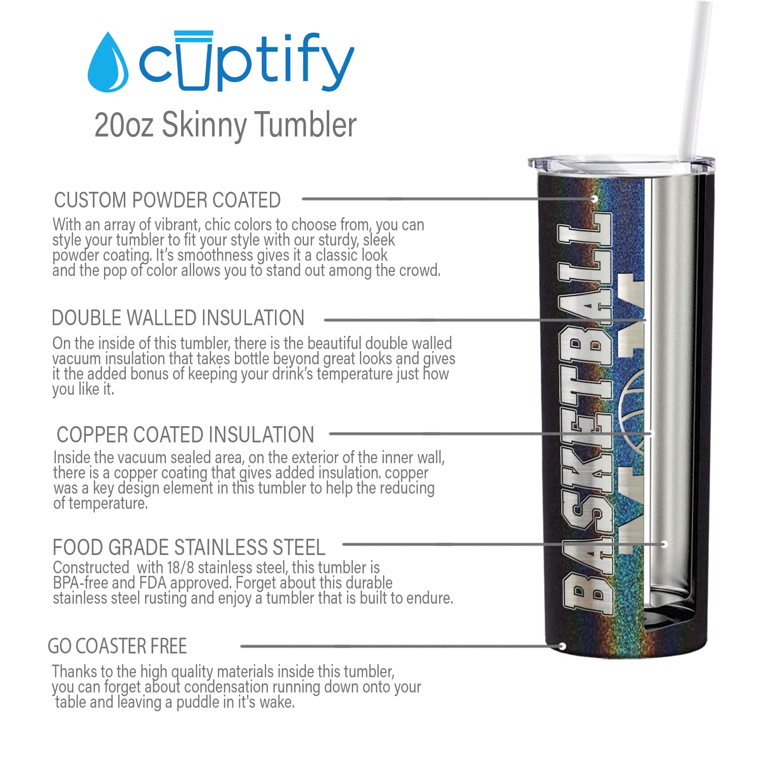 20 oz Insulated Stainless Steel Basketball Mom Tumbler - Laser Engraved Black Glitter Cup with Lid & Straw - Perfect for Basketball Games, Practice & Team Gifts