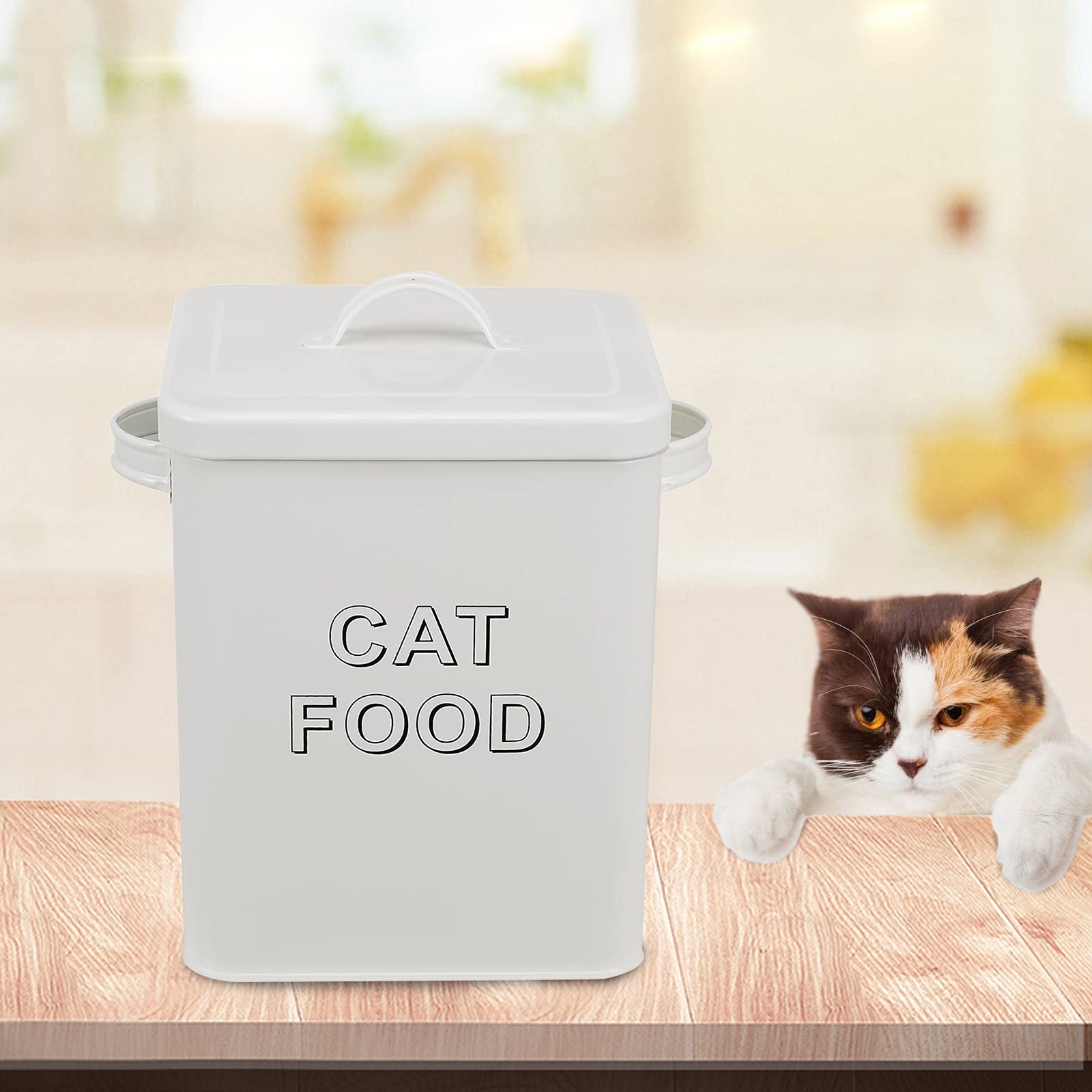 Premium Cat Food and Treat Storage Containers with Scoop - Airtight Wood Lids & Coated Carbon Steel Canisters for Fresh Pet Food - Perfect for Kitchen Pantry or Pet Feeding Station (White)