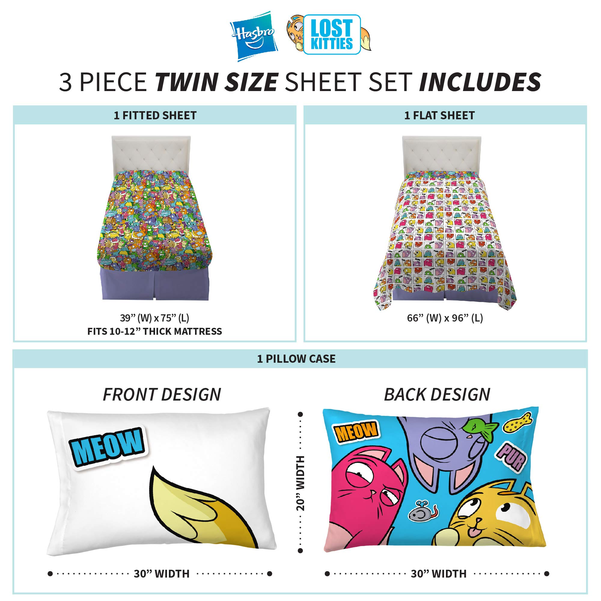 Franco Kids Bedding Sheet Set - Twin Size, Soft & Breathable Cotton, Hasbro Lost Kitties Design - Perfect for Kids' Rooms, Sleepovers & Cozy Bedtime Comfort