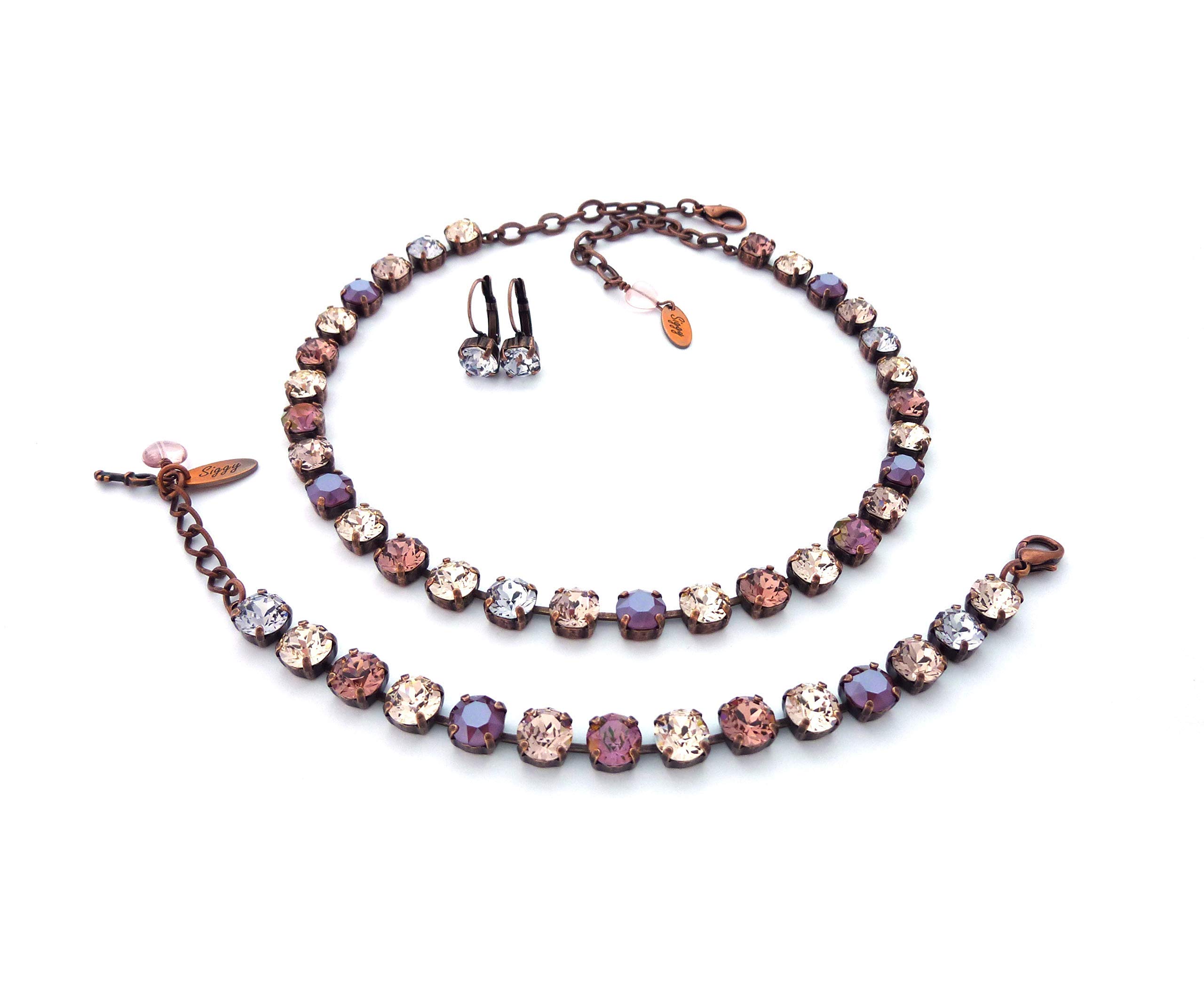 Austrian Crystal 3-Piece Jewelry Set - Necklace, Bracelet & Earrings in Plum Red, Blush, Lilac Shadow, Mauve & Santa Fe | Elegant Gift for Women, Perfect for Weddings, Parties & Special Occasions