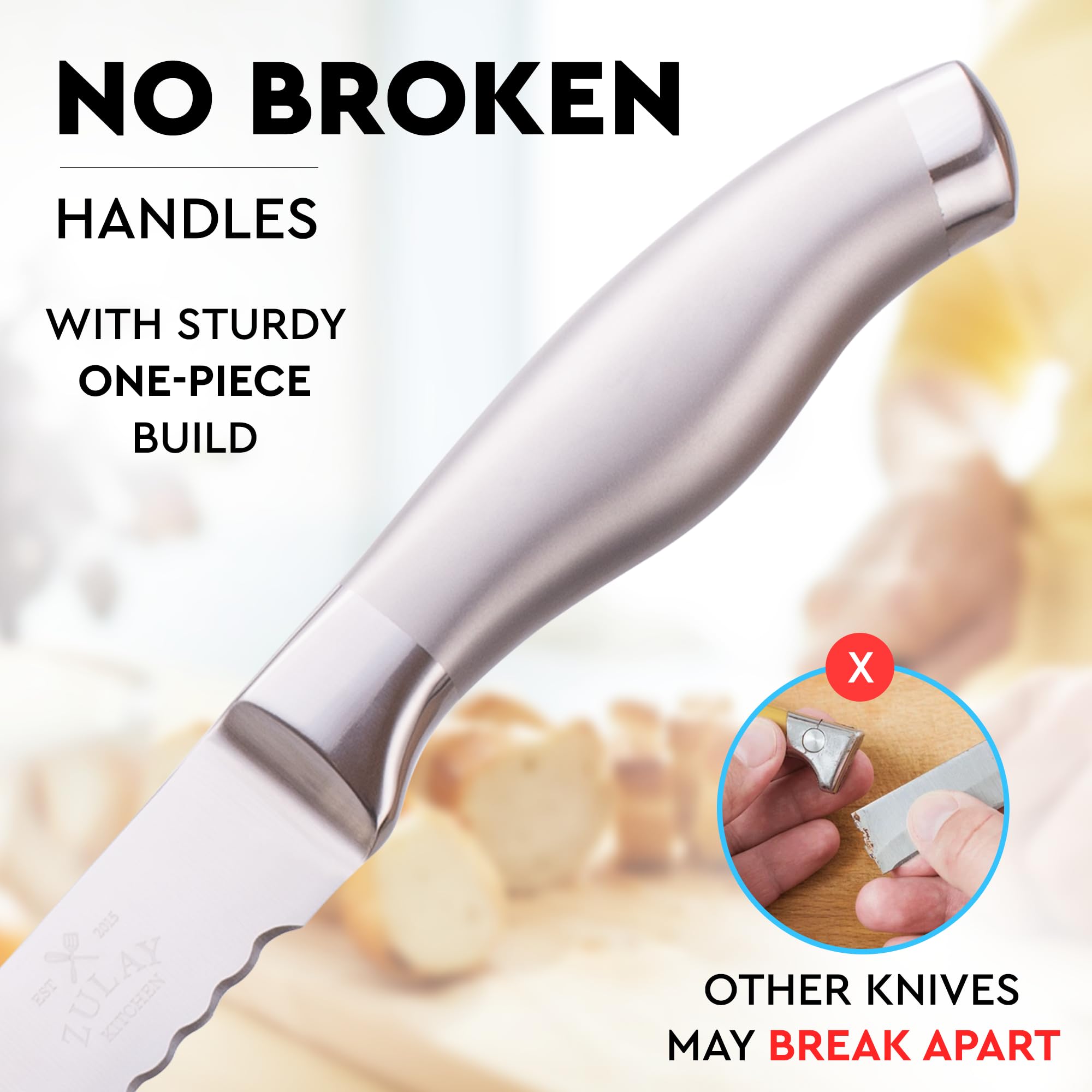 Zulay Kitchen 8-Inch Serrated Bread Knife - Ultra Sharp Stainless Steel Blade for Slicing Bread, Cakes, Bagels & Pastries - Ergonomic 5-Inch Handle - Perfect for Home Baking, Restaurants & Catering