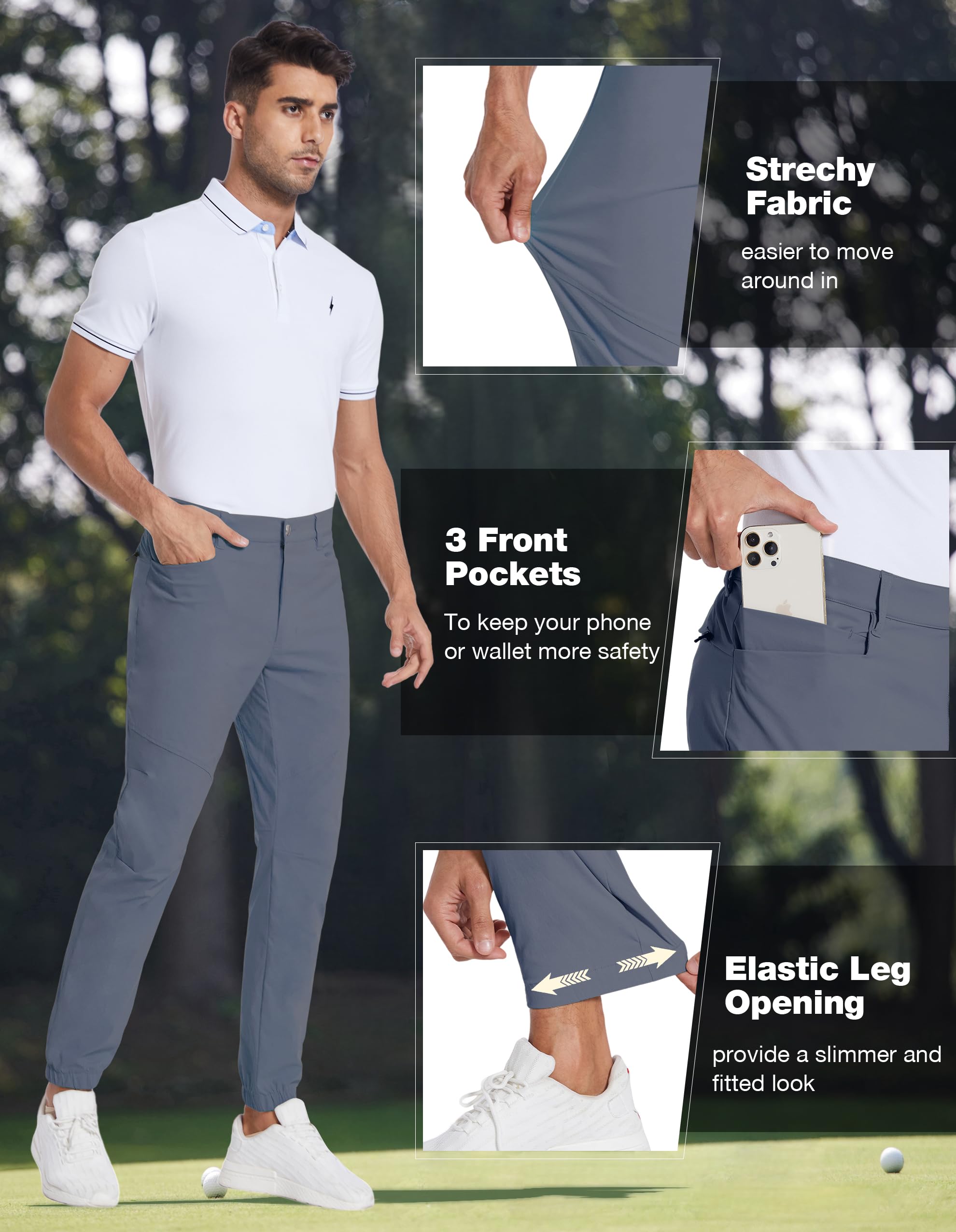 PULI Men's Stretch Golf Joggers Pants - Waterproof Slim Fit with 4 Pockets for Hiking, Casual, Travel & Work | Perfect for Outdoor Activities & Everyday Wear