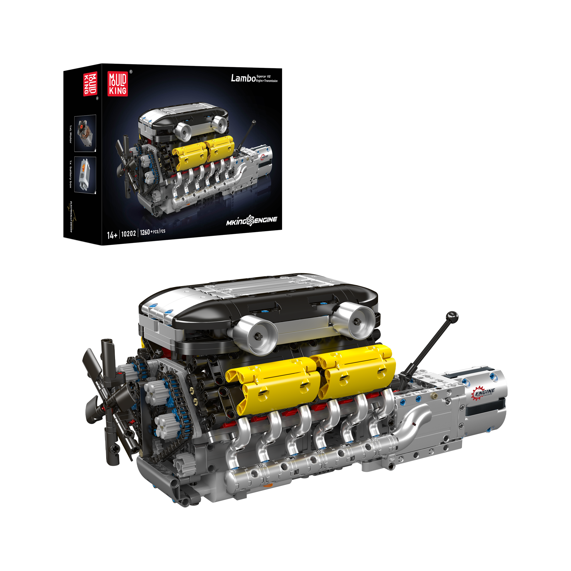 Mould King 10202 Motorized Lamborghini V12 Engine & Gearbox Building Kit - 1,260 Piece Model Car Construction Set for Adults & Teens - DIY Engineering Project, STEM Learning, Gift for Car Enthusiasts (Perfect for Home Display, Office Decor, or Educational Activities)