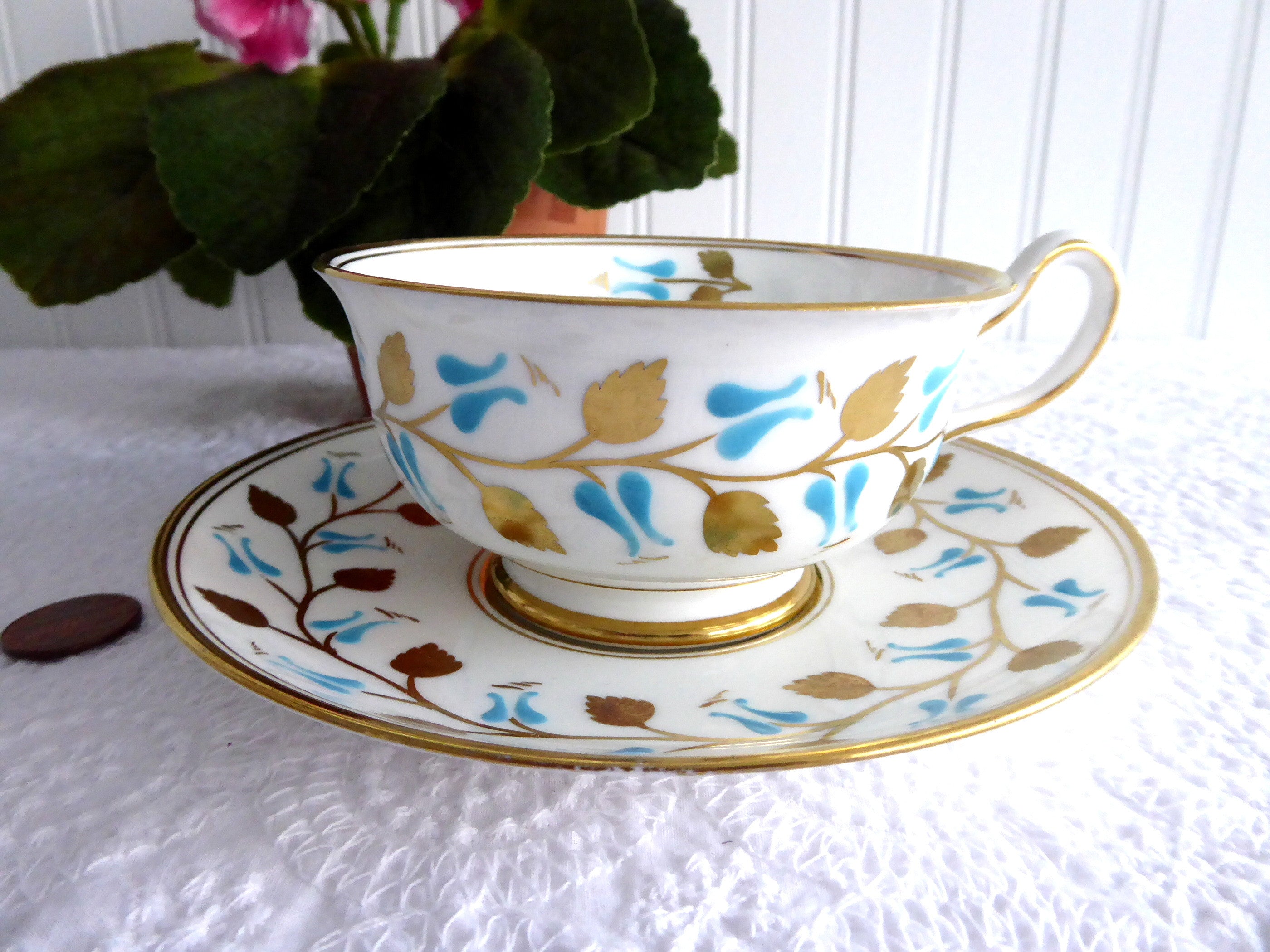 Vintage Royal Chelsea England Hand Painted Gold Leaf Aqua Cup and Saucer Set - 1950s Fine China Tea Set for Afternoon Tea, Collectible Antique Tableware