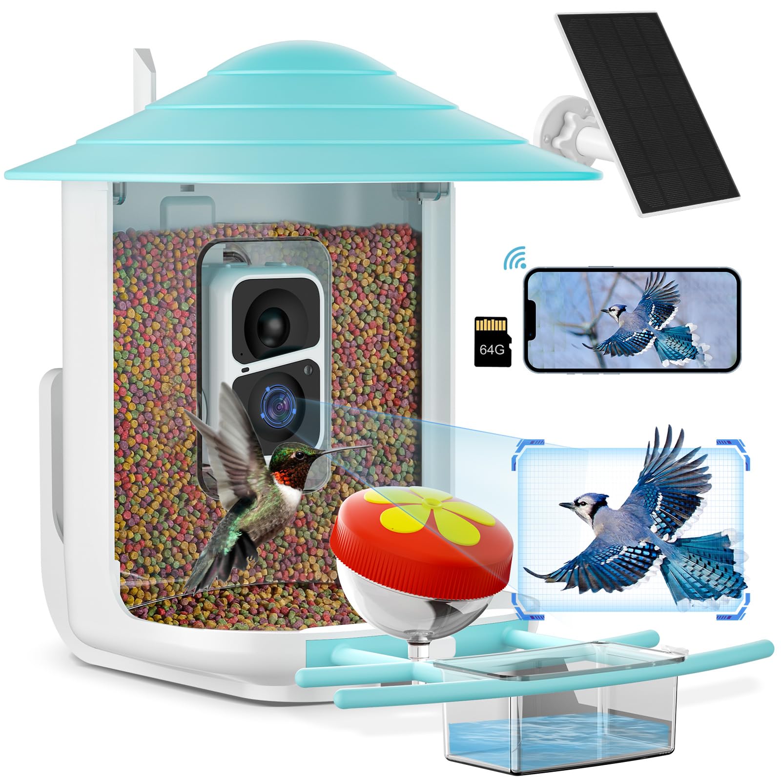 Careboda Smart AI Bird Feeder with Camera - Solar Powered Wireless Outdoor Bird Watching Camera with Motion Detection, Auto Video Capture & 64GB SD Card - Perfect for Backyard Bird Watching & Nature Enthusiasts (Blue)