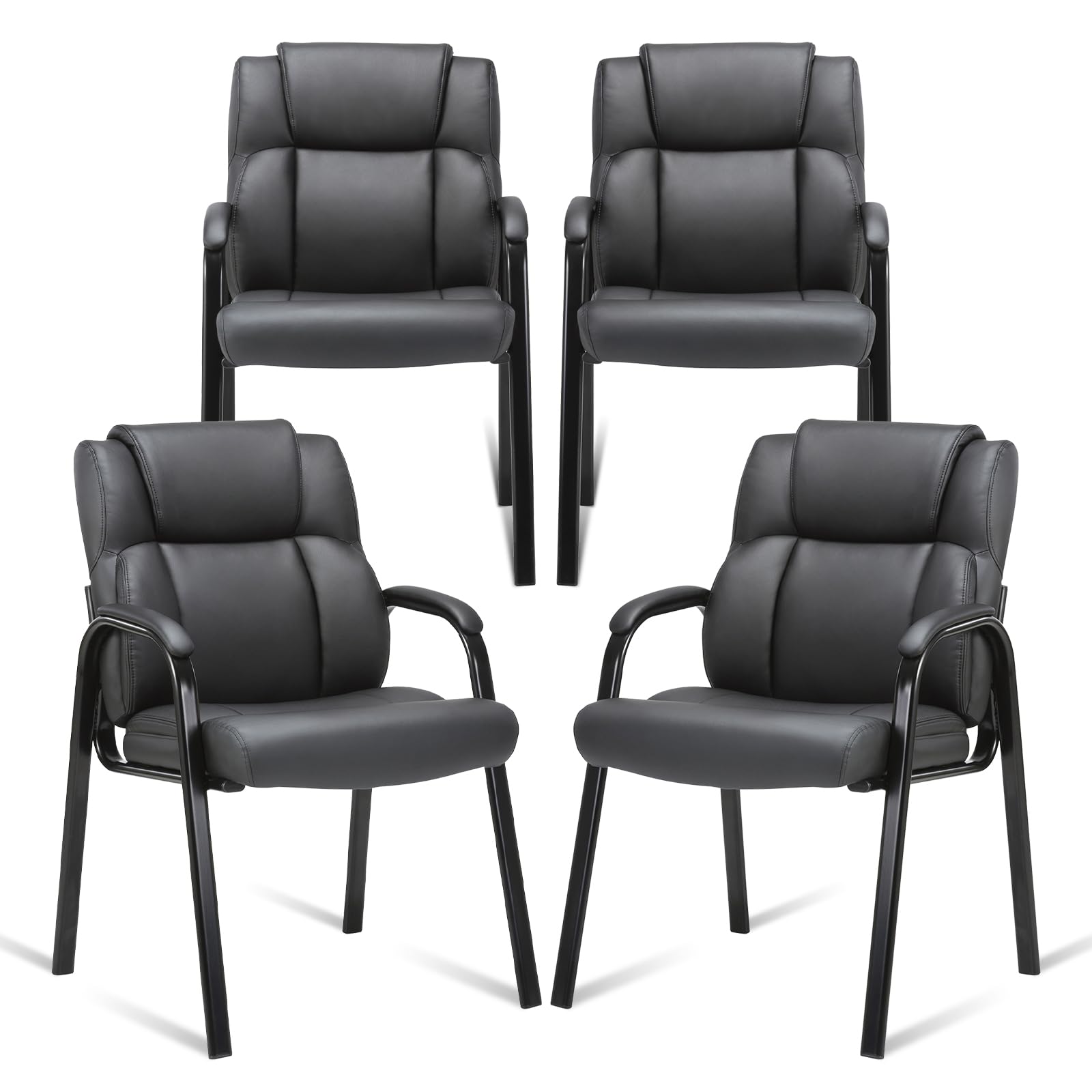 CLATINA Genuine Leather Guest Chairs Set of 4 - Ergonomic Office Chairs with Padded Armrests for Reception, Conference Room, Waiting Area, Home Office - Black Modern Seating Solution for Professional & Comfortable Workspaces
