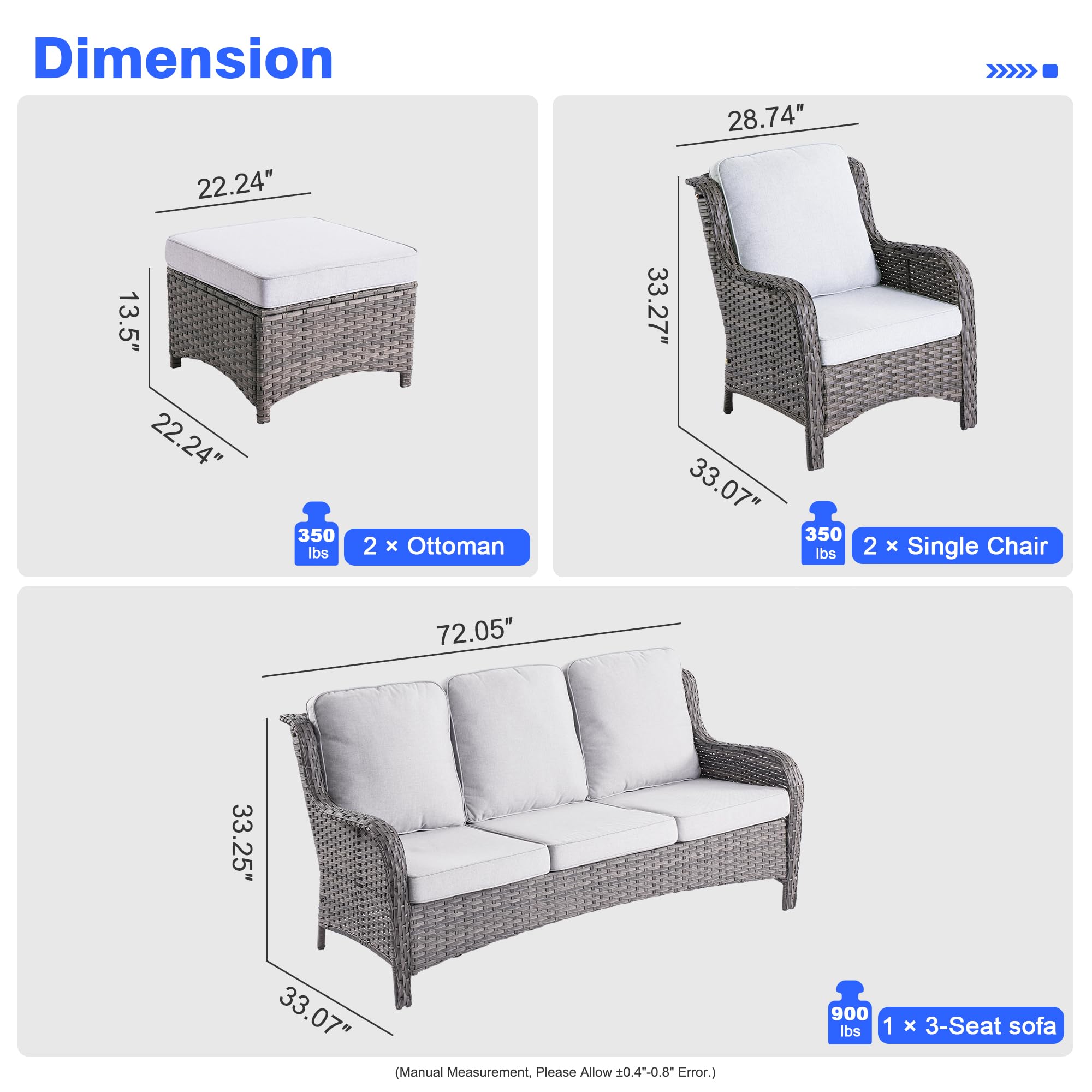 5-Piece Outdoor Patio Furniture Set with High Back Sofa, Chairs & Ottomans - All-Weather Wicker Conversation Set with Grey Cushions | Perfect for Backyard, Garden & Poolside Relaxation