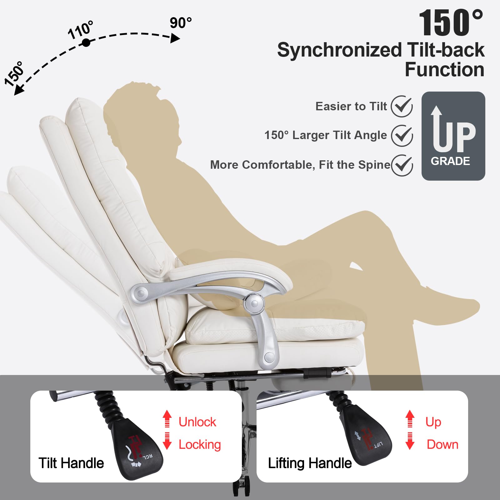 Ergonomic Office Chair with Footrest - High Back Executive Desk Chair with Padded Adjustable Armrests, Reclining Swivel Chair with Wheels & Double Thick Cushion for Comfort (Cream White) - Perfect for Home Office, Gaming, and Workspaces