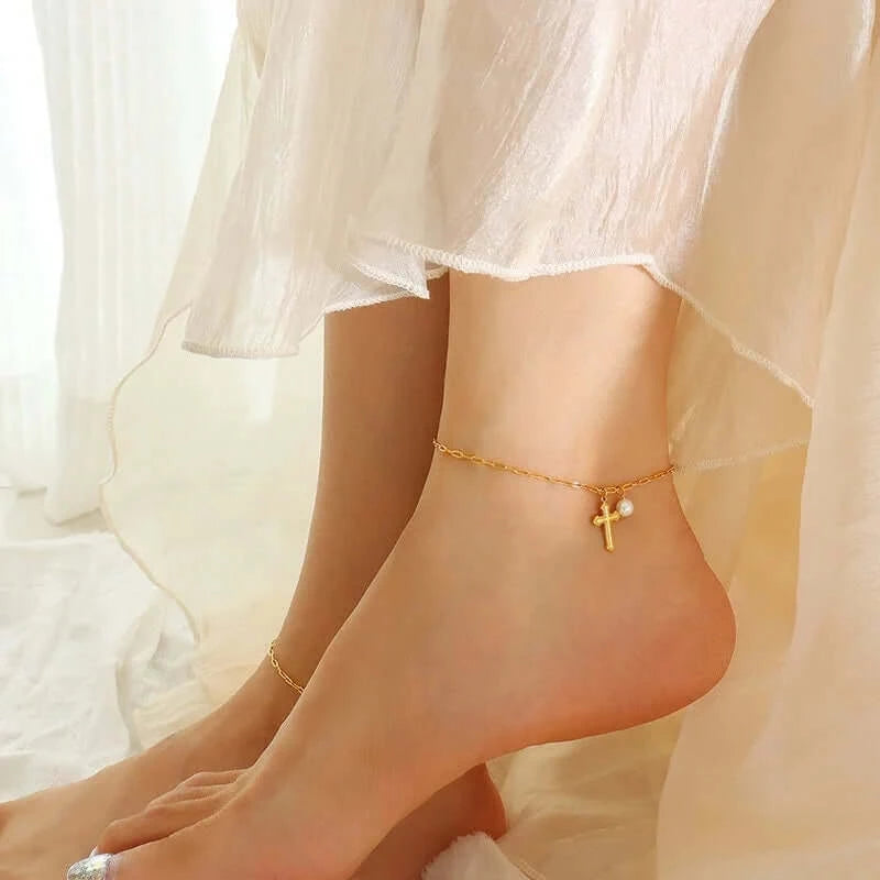 18K Gold Pearl Cross Charm Anklet Chain for Women - Elegant Adjustable Ankle Bracelet for Daily Wear, Gift, and Special Occasions | S098