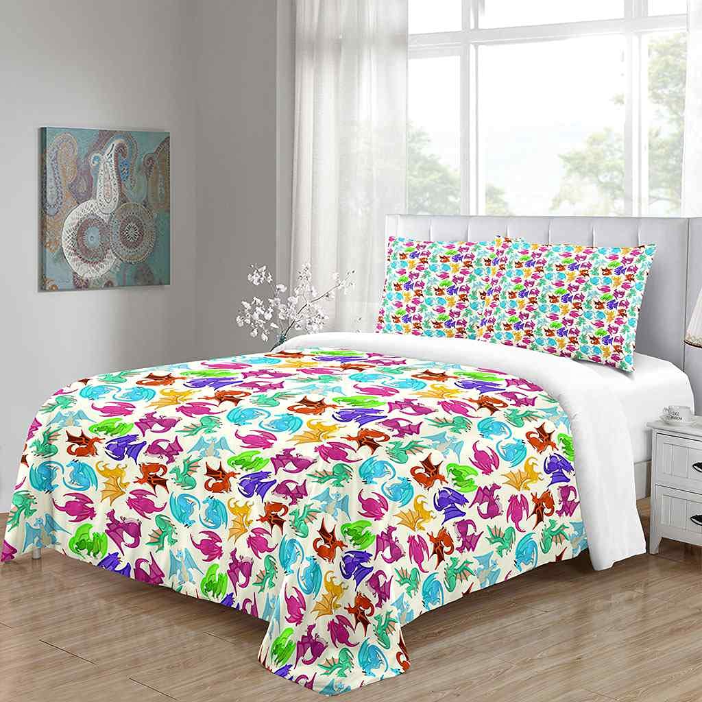 Dinosaur Print Duvet Cover Set Queen 90x90 Inches - Soft Microfiber Bedding with Zipper Closure & Corner Ties + 2 Pillow Shams | Modern Colorful Dinosaur Design for Kids & Teens Bedroom Decor