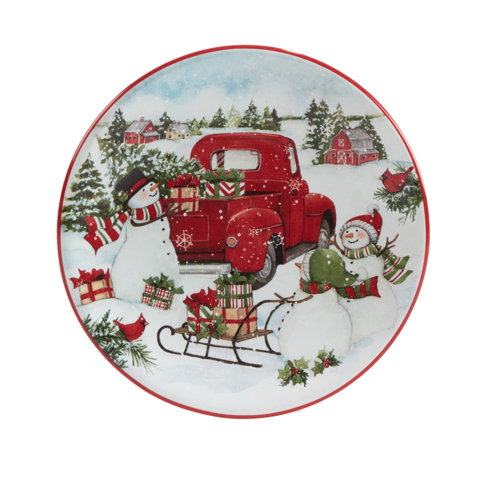 Certified International Red Truck Snowman 6-Inch Canape Plates - Set of 4 Small Multicolor Holiday Dessert Plates for Christmas Party, Luncheon, and Festive Gatherings